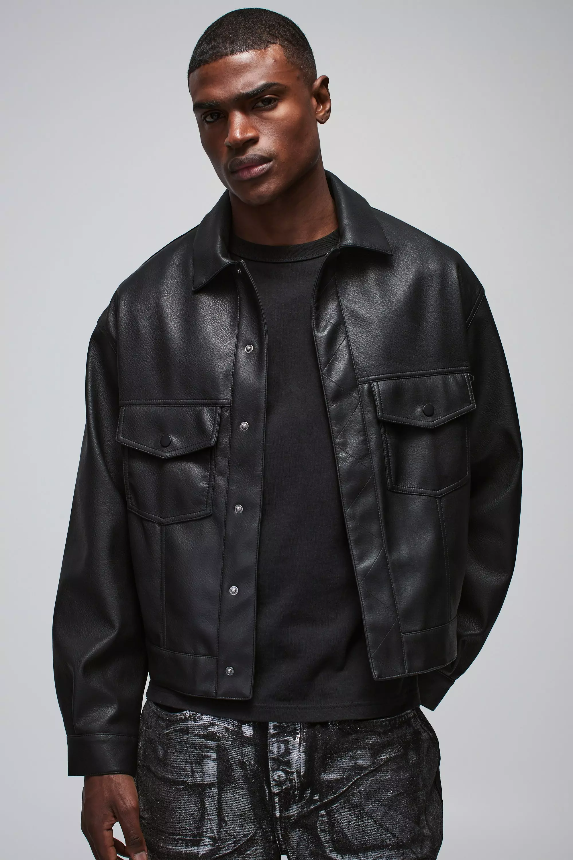 Oversized Tumbled PU Stitch Detail Trucker Jacket | boohooMAN USA