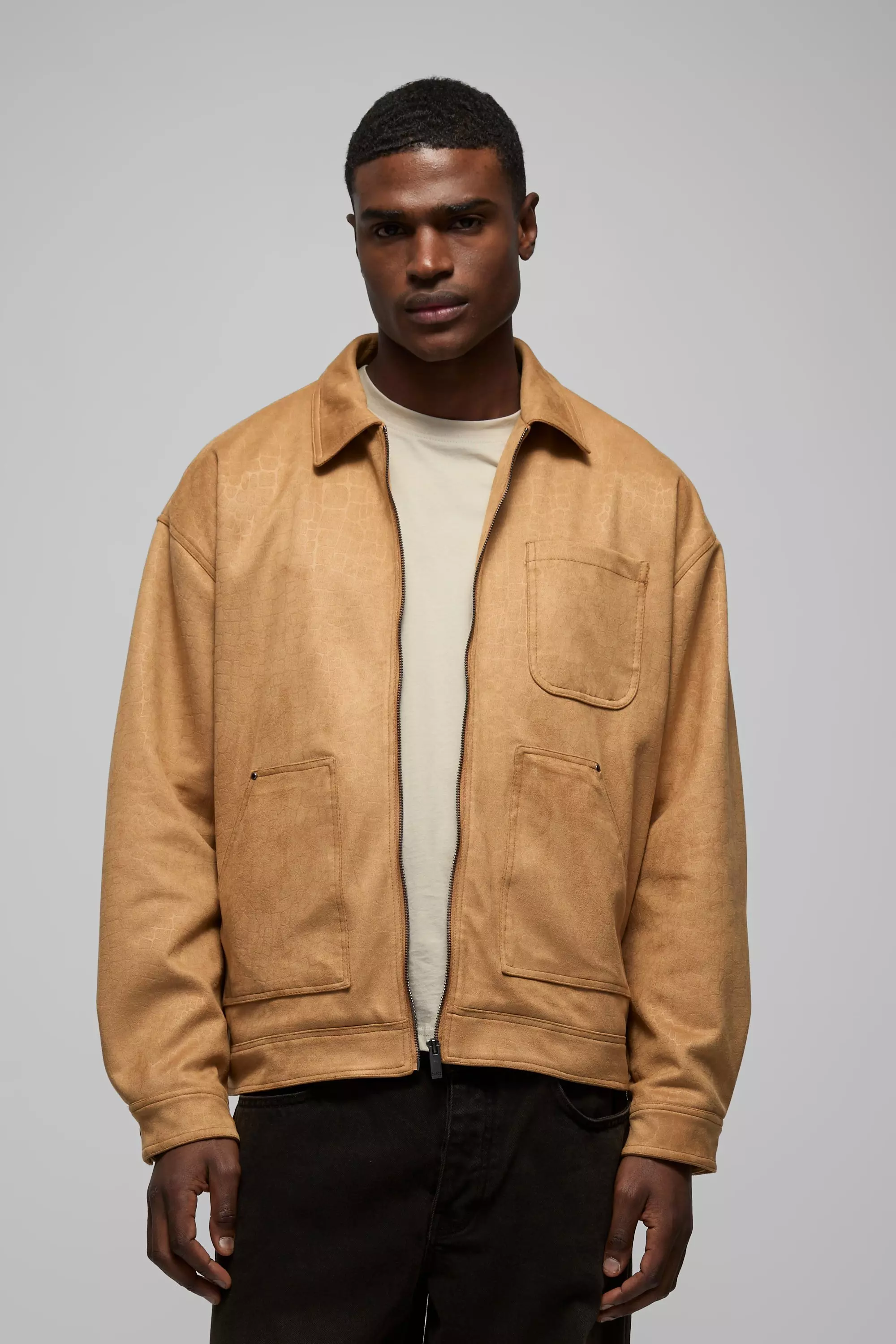 Veste charpentière oversize en synthétique croco, Tan autre image