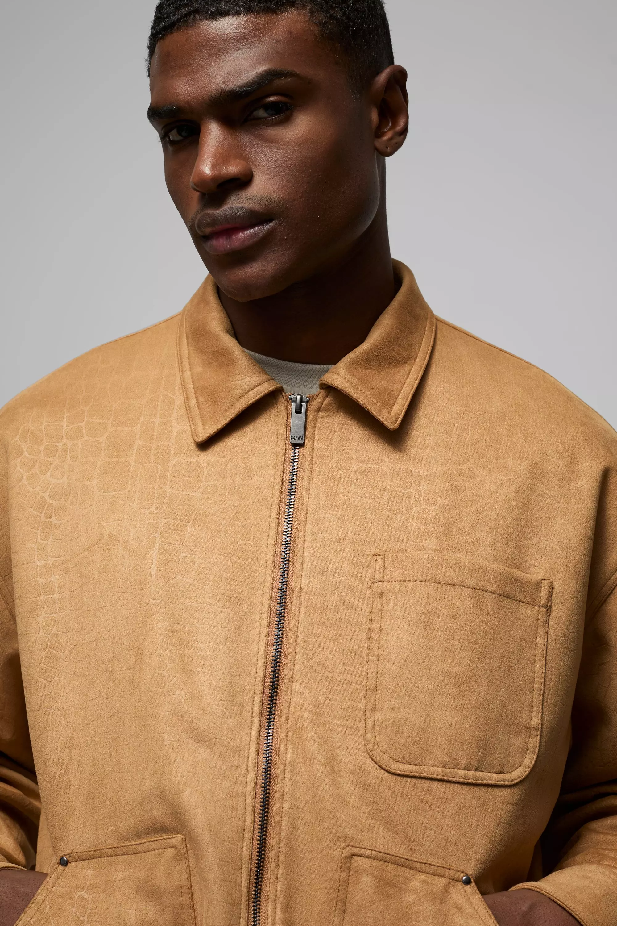 Veste charpentière oversize en synthétique croco, Tan autre image