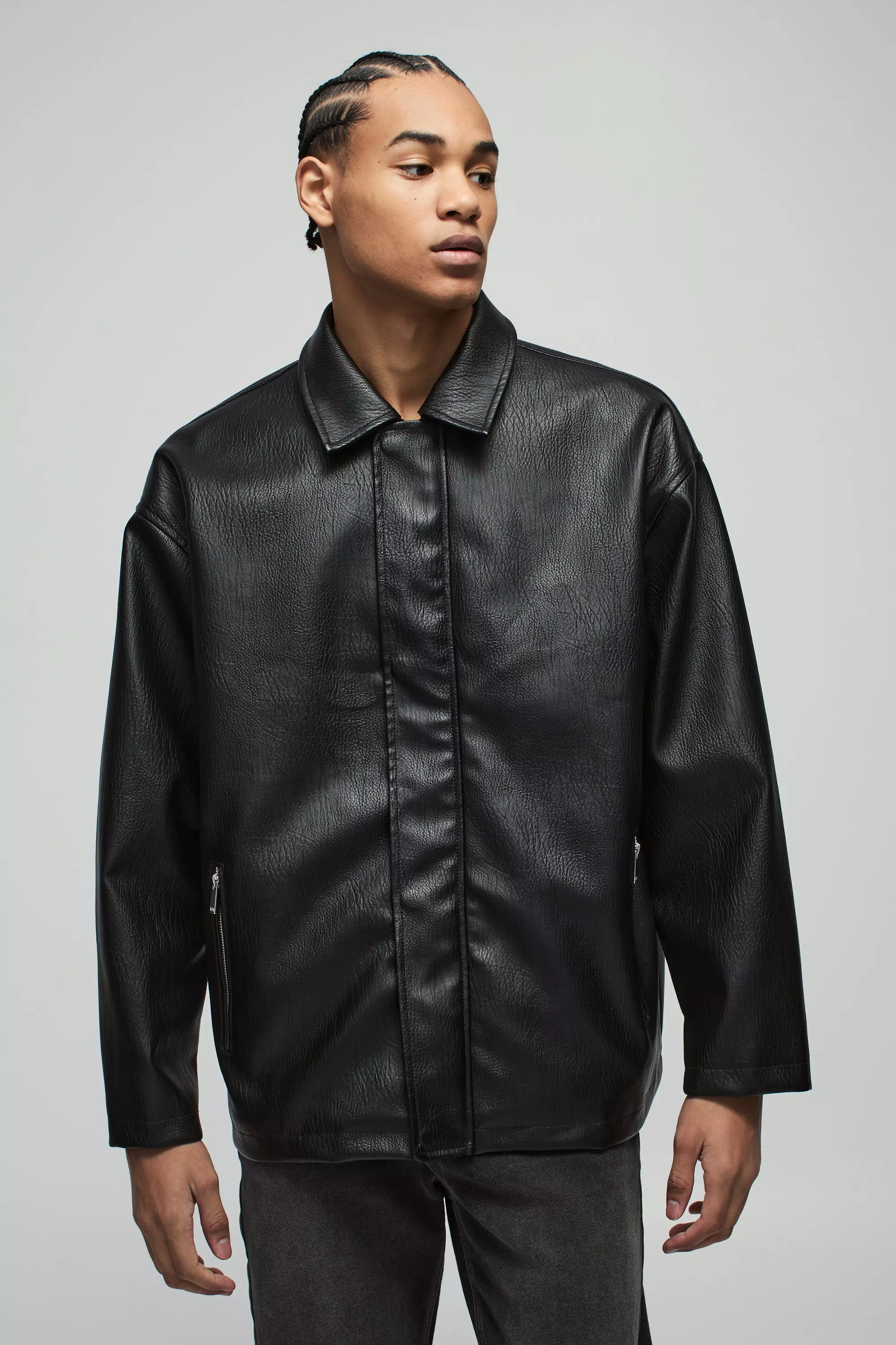 Oversize Mantel mit PU-Kragen und Reißverschluss, Black alternatives Bild