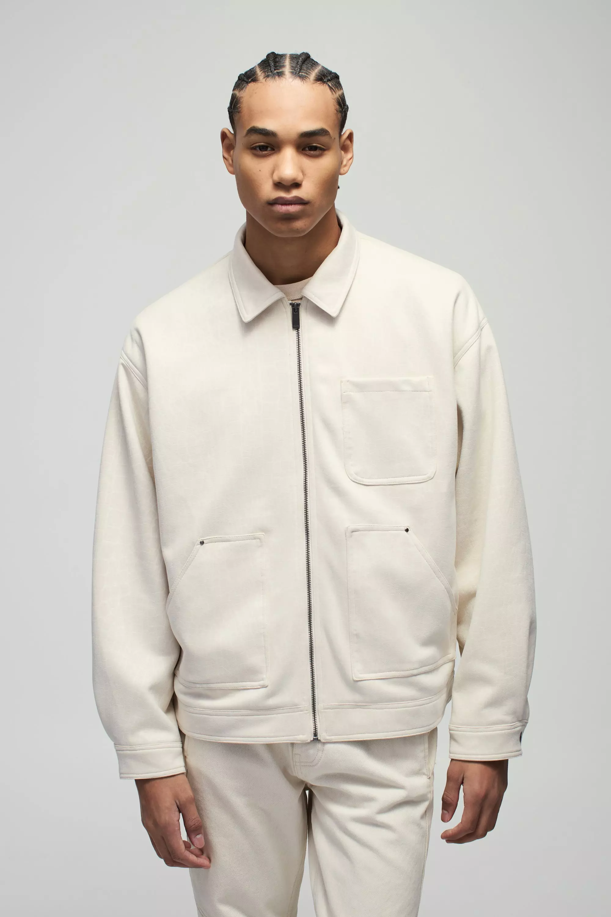 Veste charpentière oversize en synthétique croco, Ecru autre image