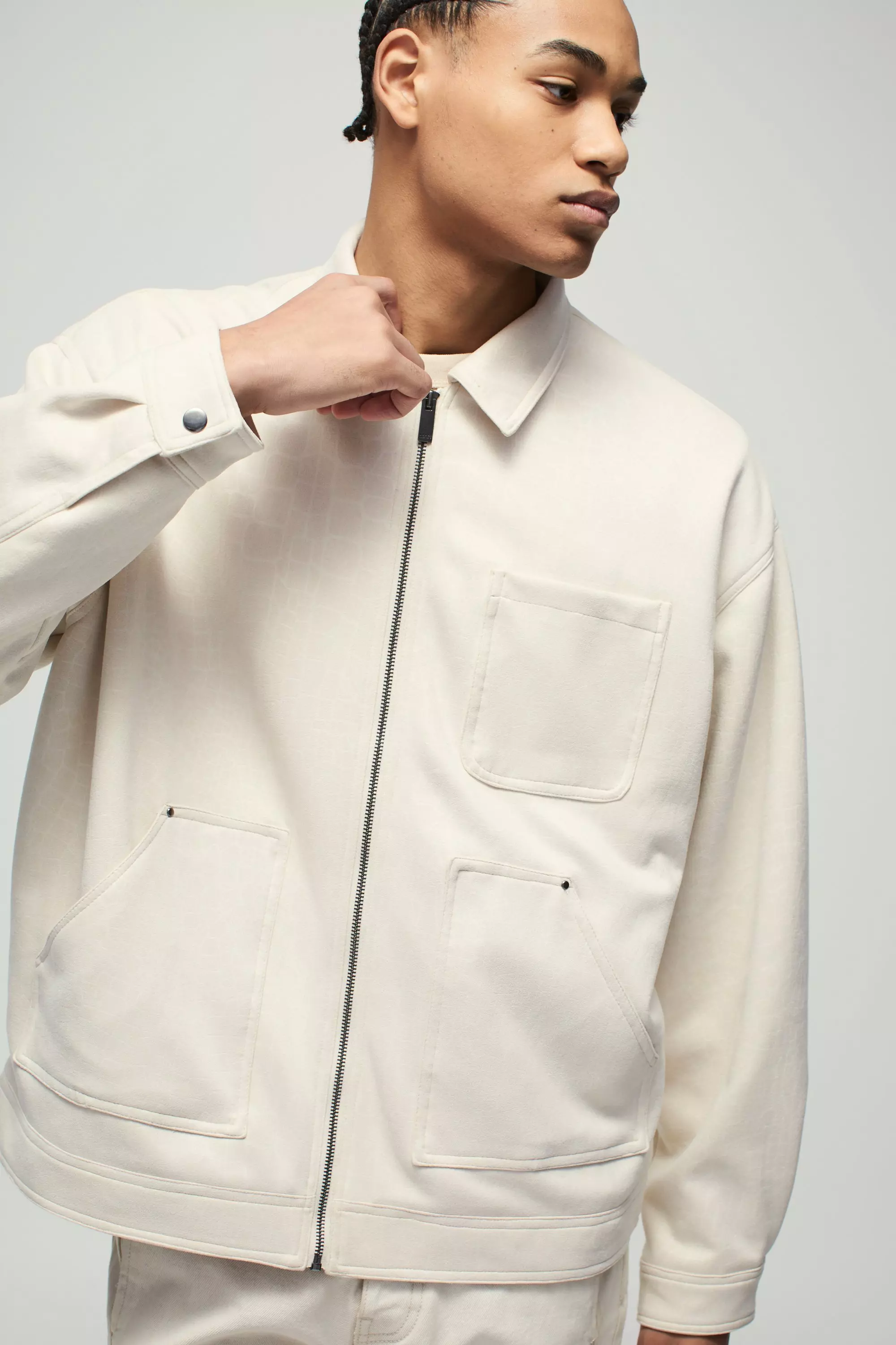Veste charpentière oversize en synthétique croco, Ecru autre image