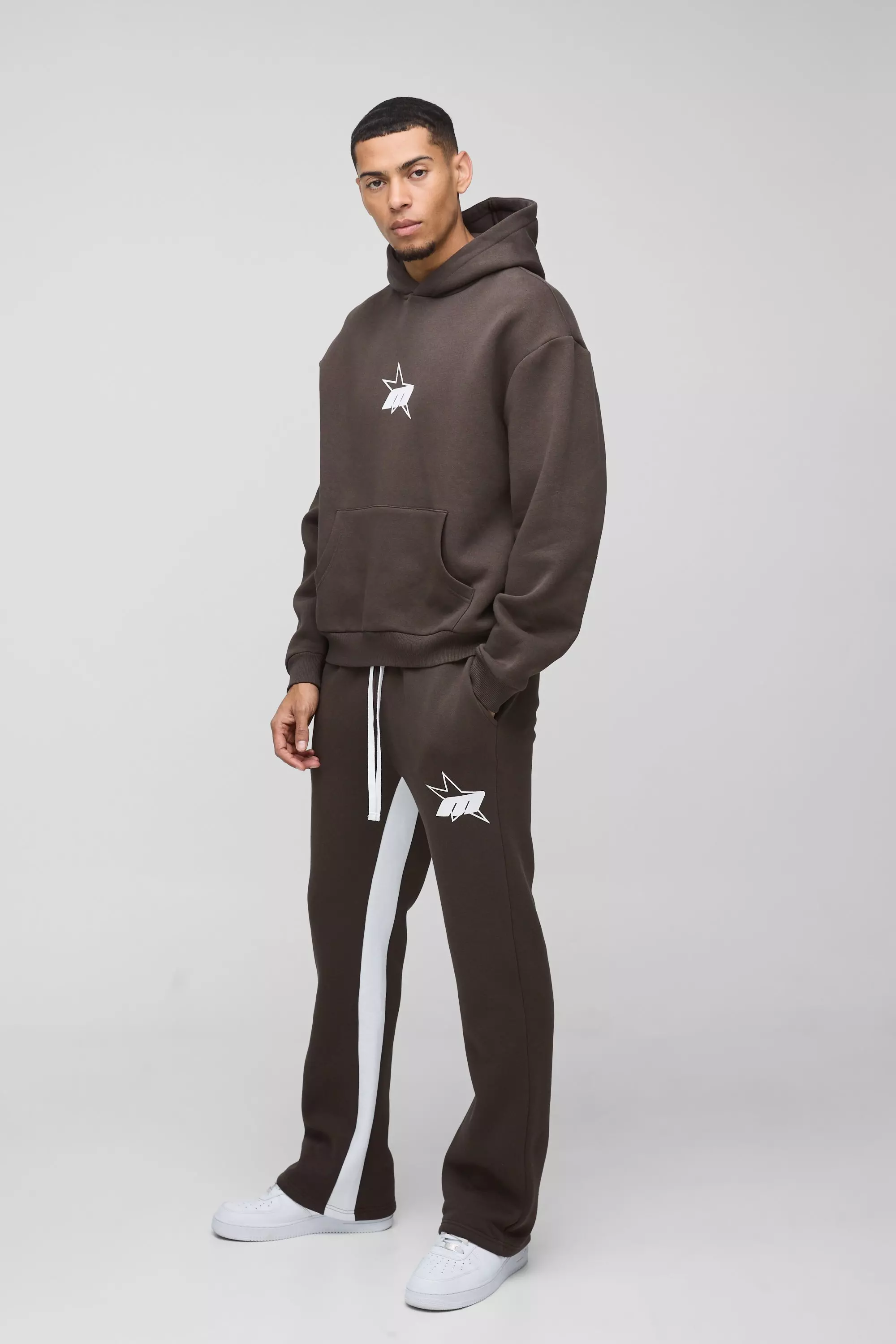 Oversized Boxy M Star Extended Drawcord Hooded Tracksuit Chocolate