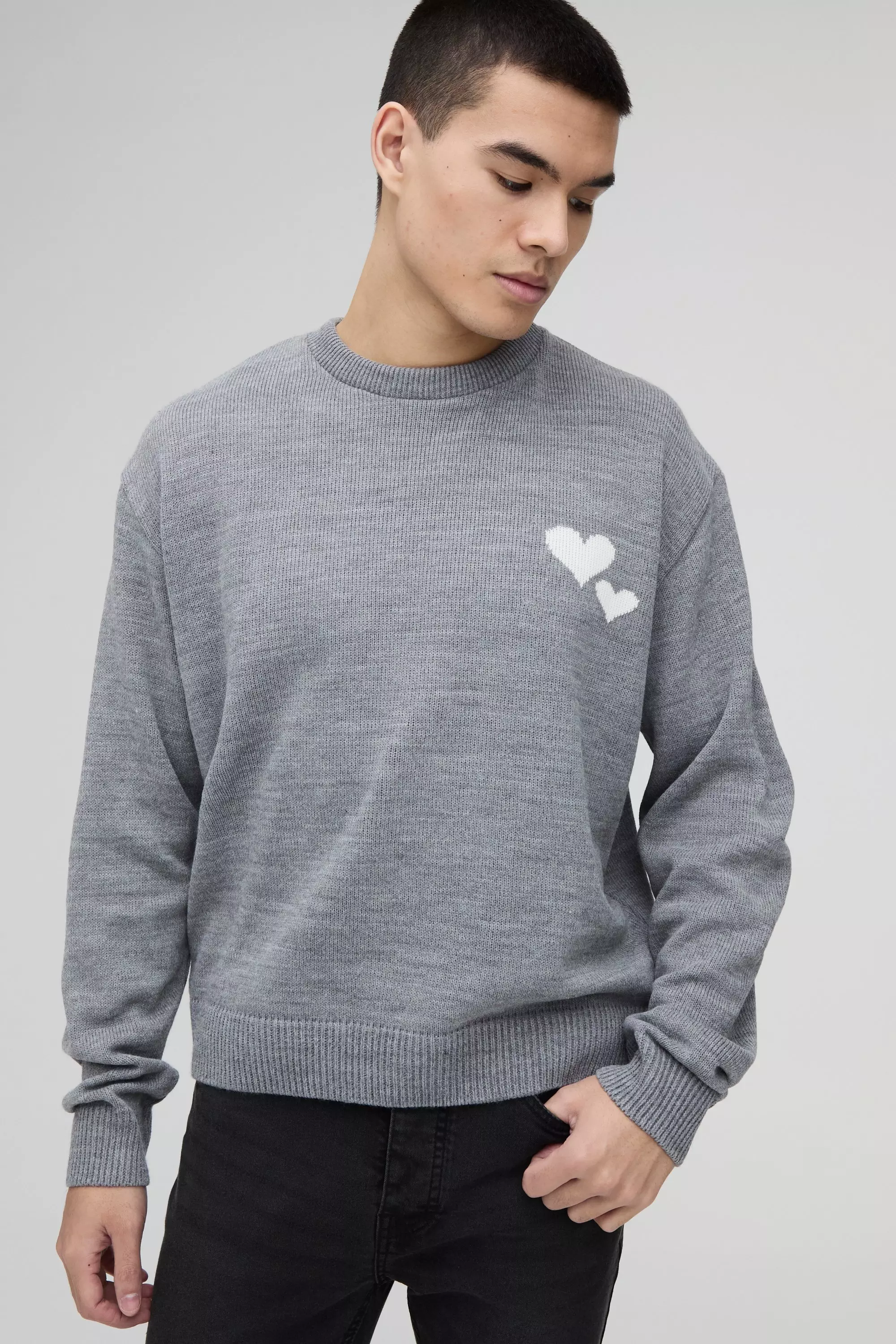 Oversized Boxy Heart Embroidered Knitted Sweater Charcoal