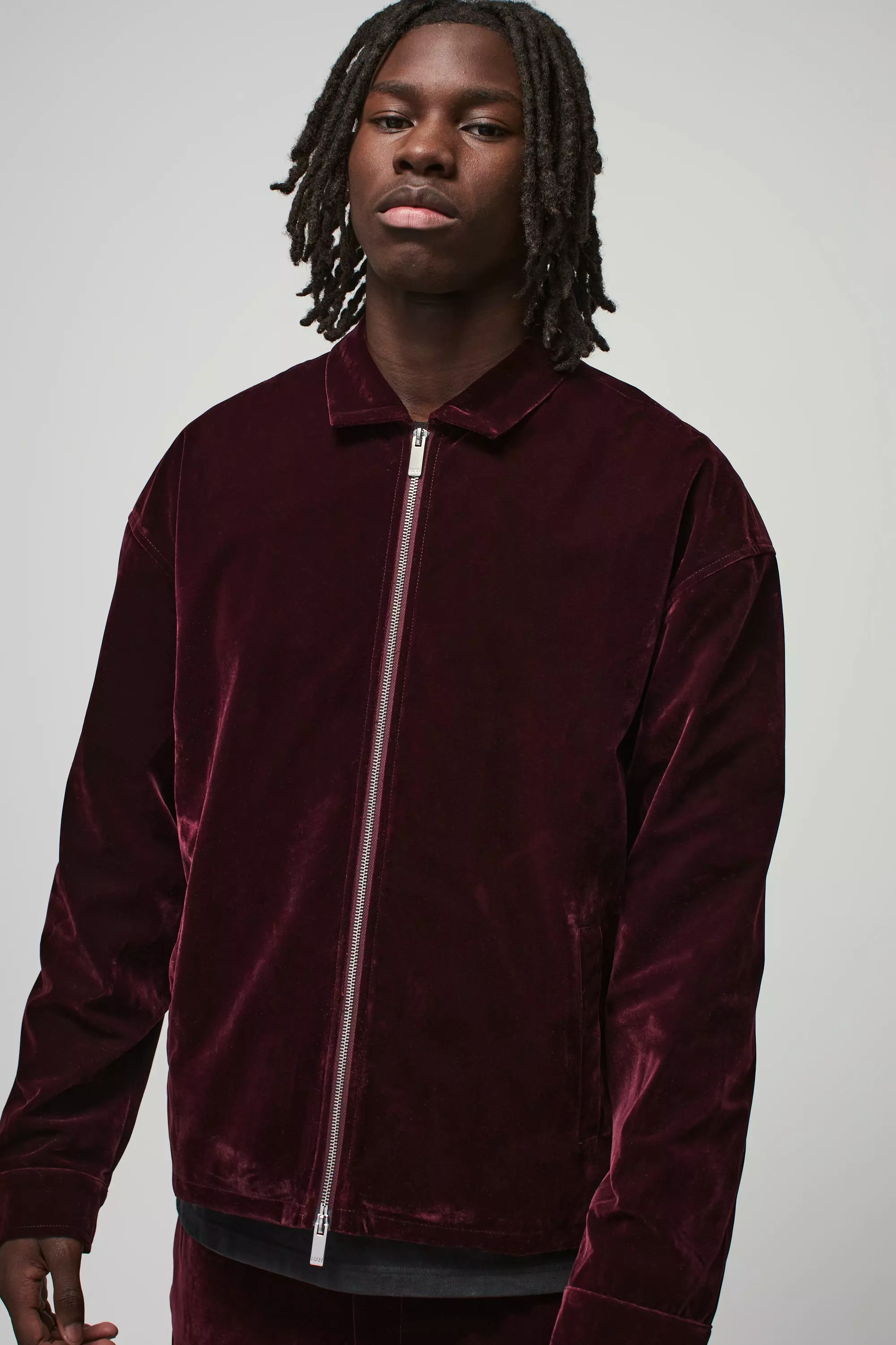 Wine Oversized Zip Through Velour Overshirt alternative image