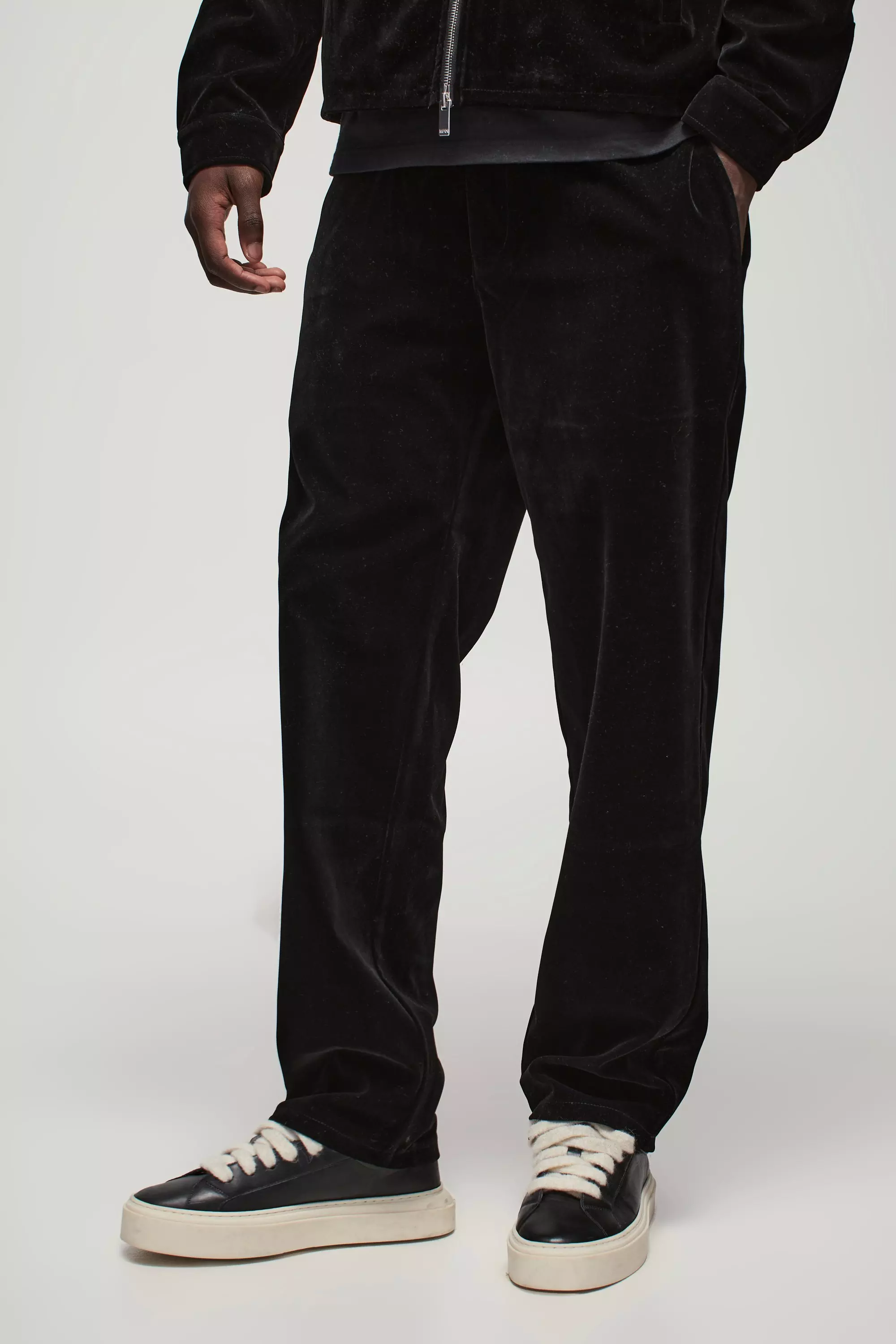 Straight Leg Half Fixed Waistband Velour Trousers Black