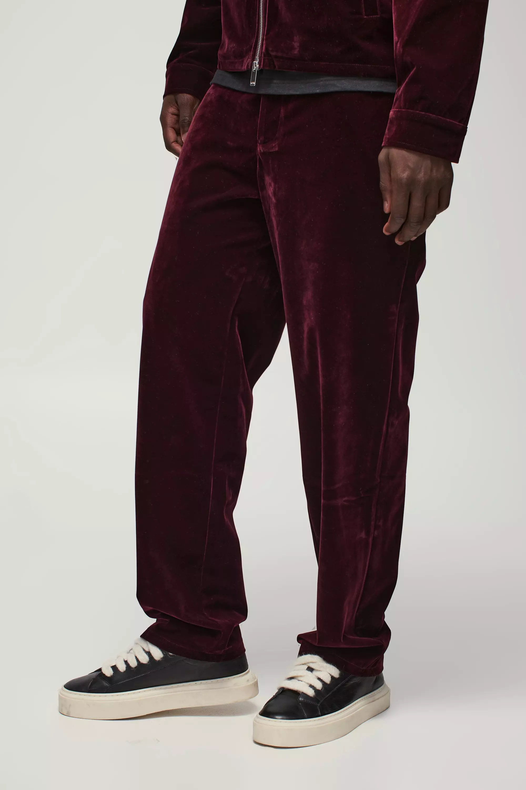 Straight Leg Half Fixed Waistband Velour Trousers Wine