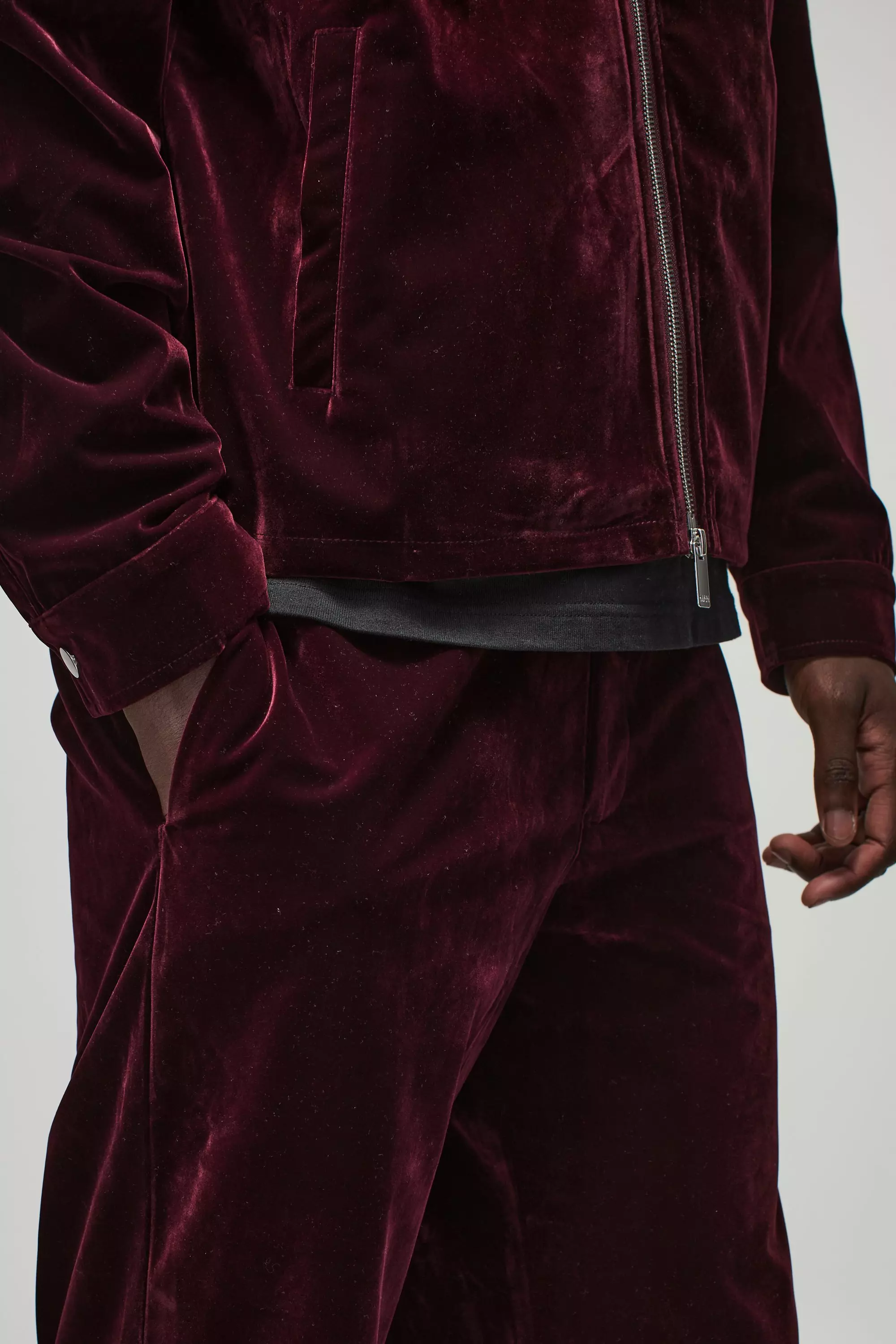 Wine Straight Leg Half Fixed Waistband Velour Trousers alternative image