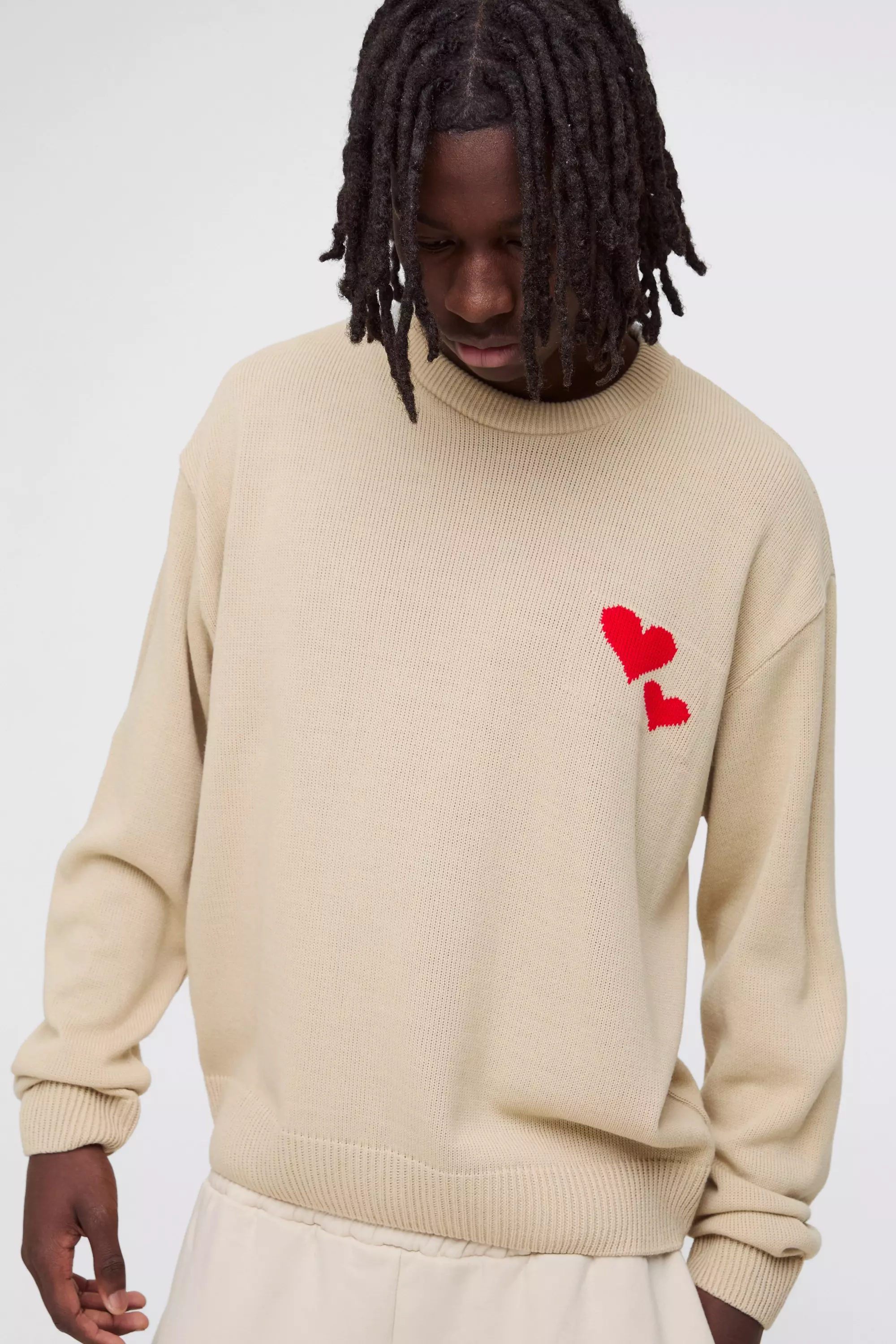 Oversized Boxy Heart Embroidered Knitted Sweater Stone