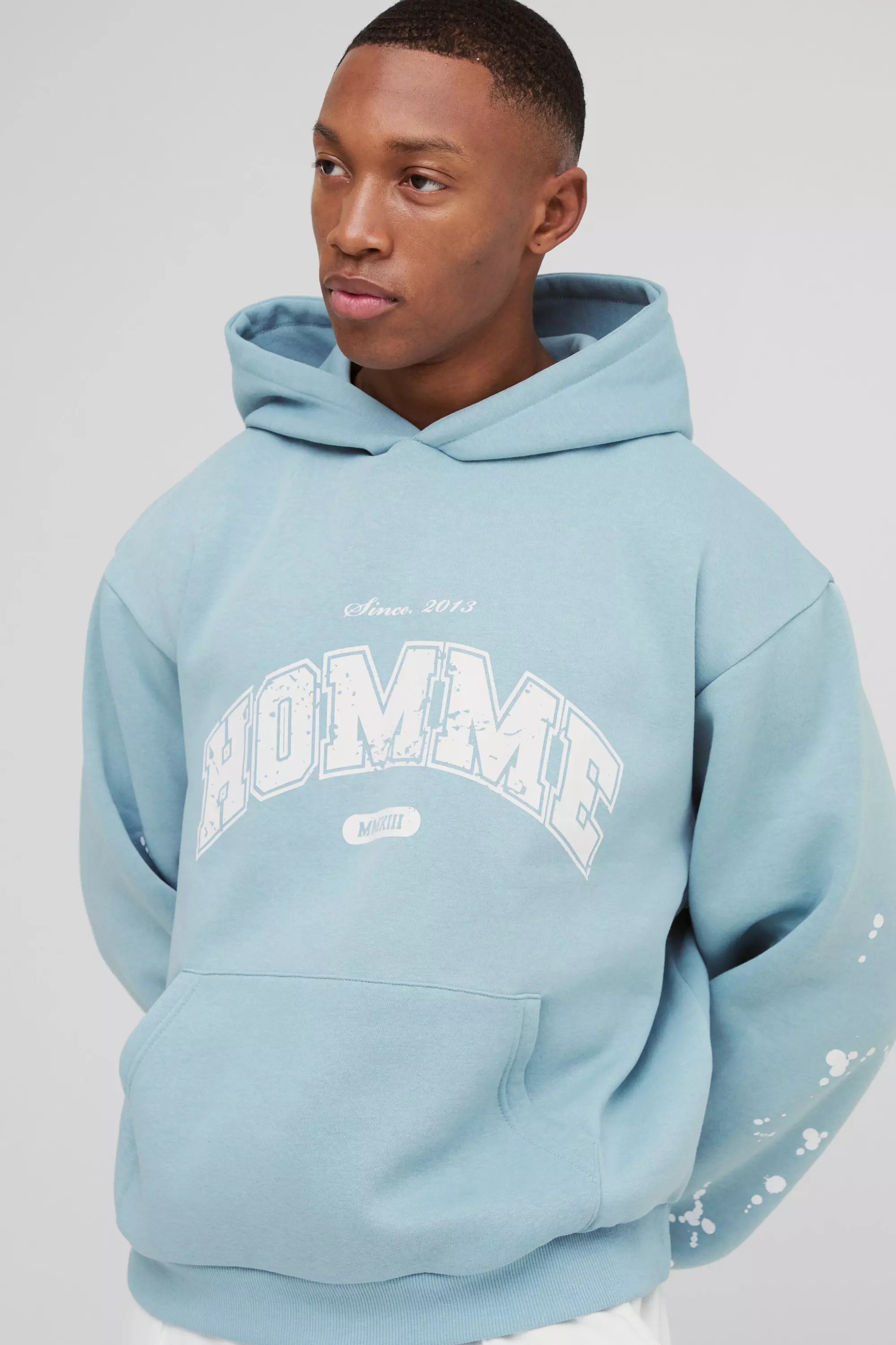 Oversized Boxy Paint Splatter Homme Hoodie Light blue