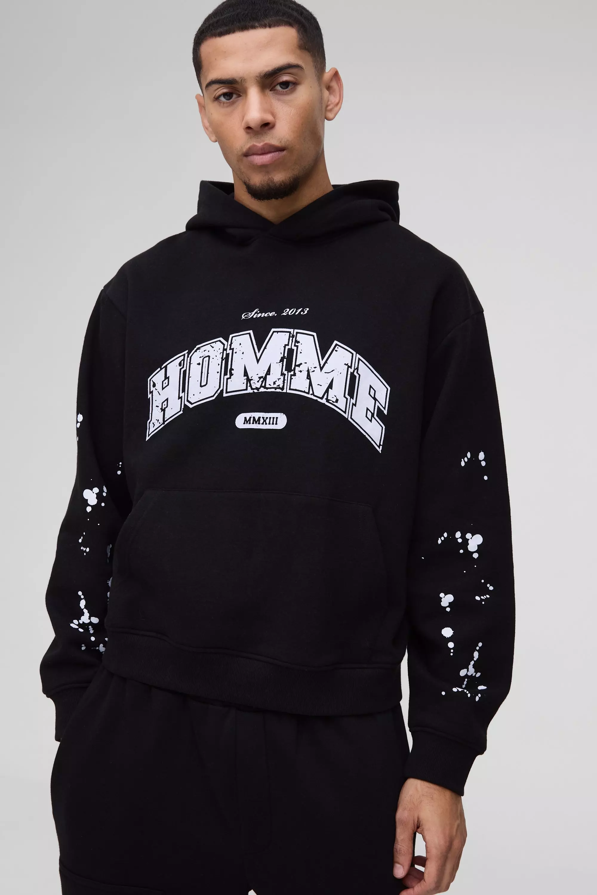 Oversized Boxy Paint Splatter Homme Hoodie Black