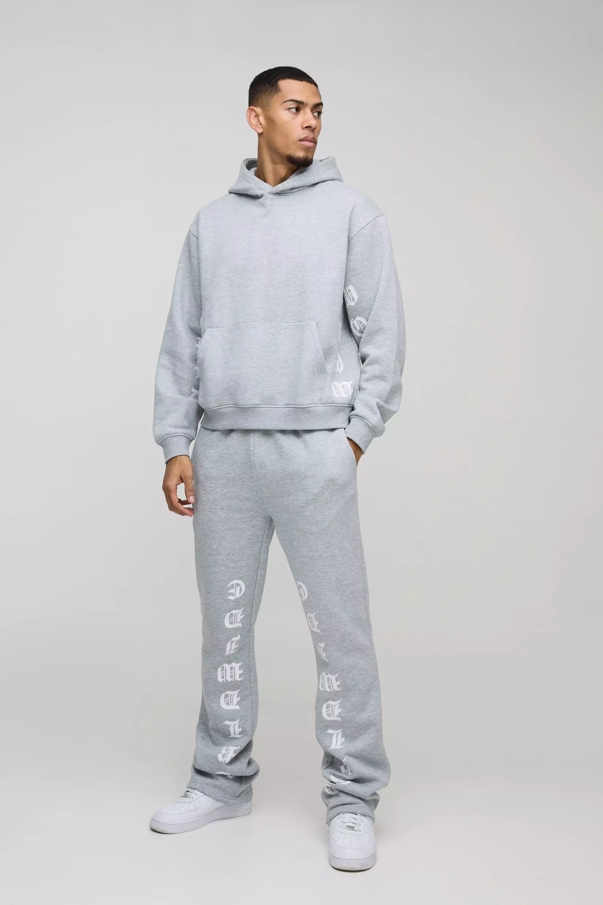 Grey Oversized Boxy Printed Flared Tracksuit