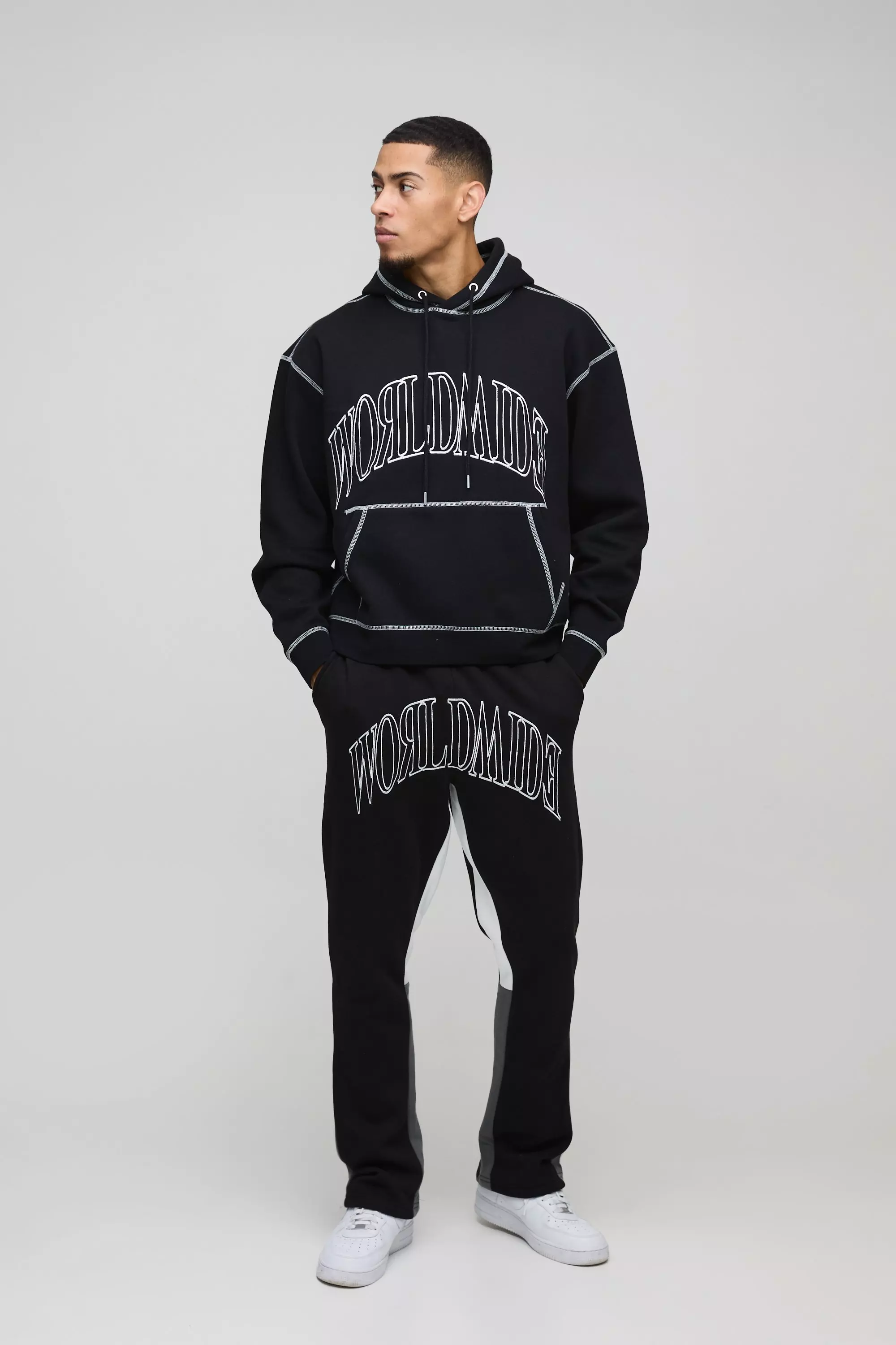 Oversized Worldwide Contrast Stitch Gusset Tracksuit Black