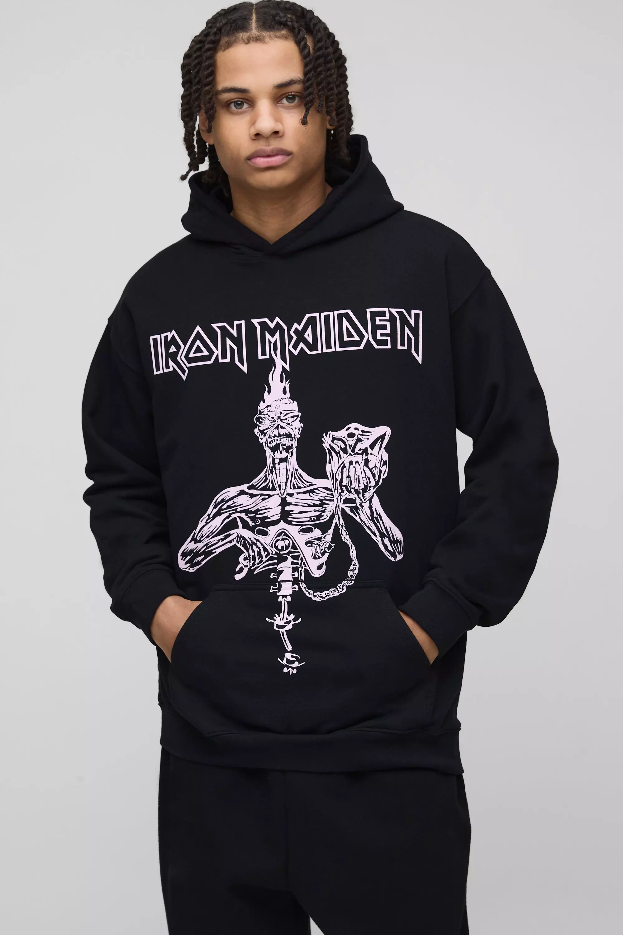 Black Oversized Iron Maiden License Print Hoodie alternative image