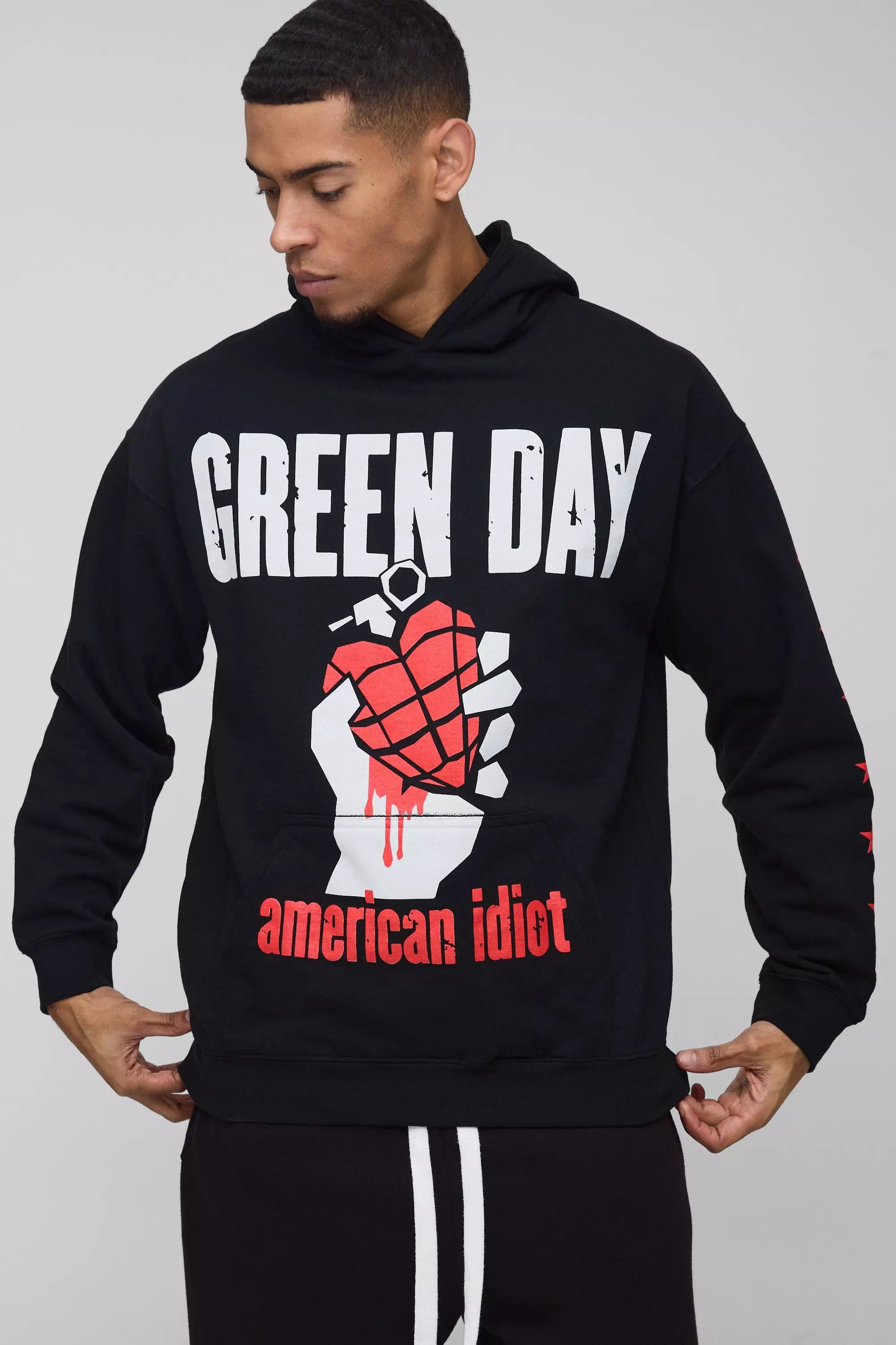 Oversized Green Day Band License Print Hoodie Black