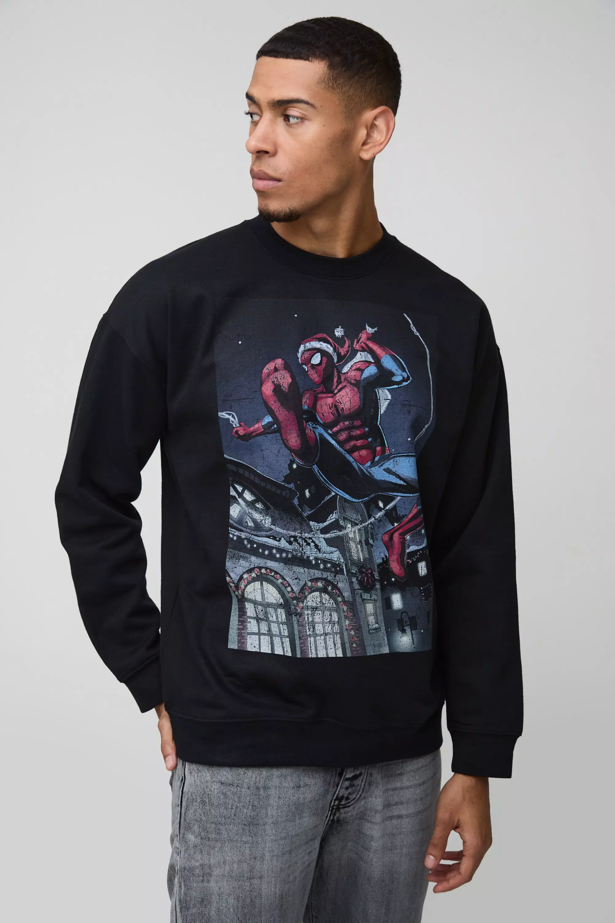 Black Oversized Spiderman Christmas License Print Sweatshirt