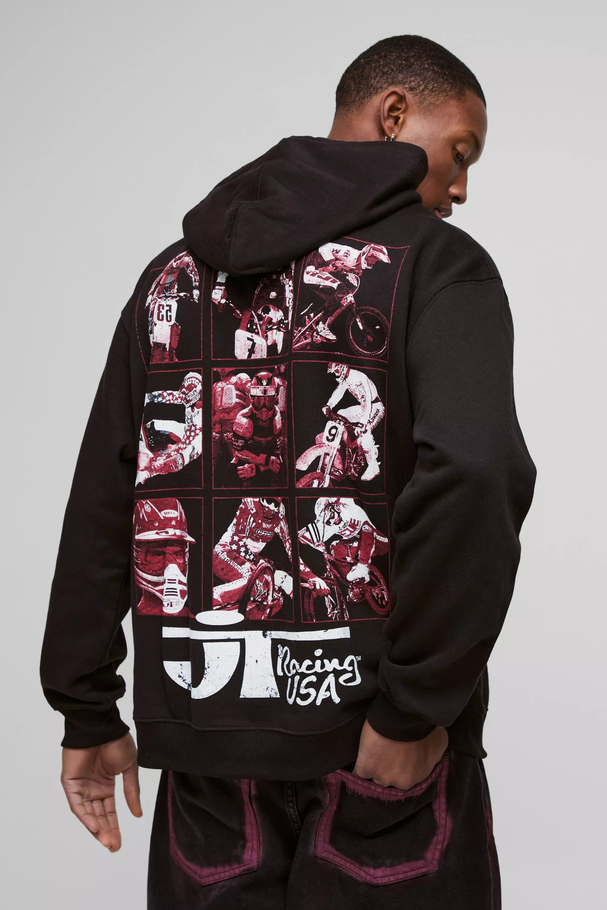 Oversized JT Racing License Print Hoodie Black