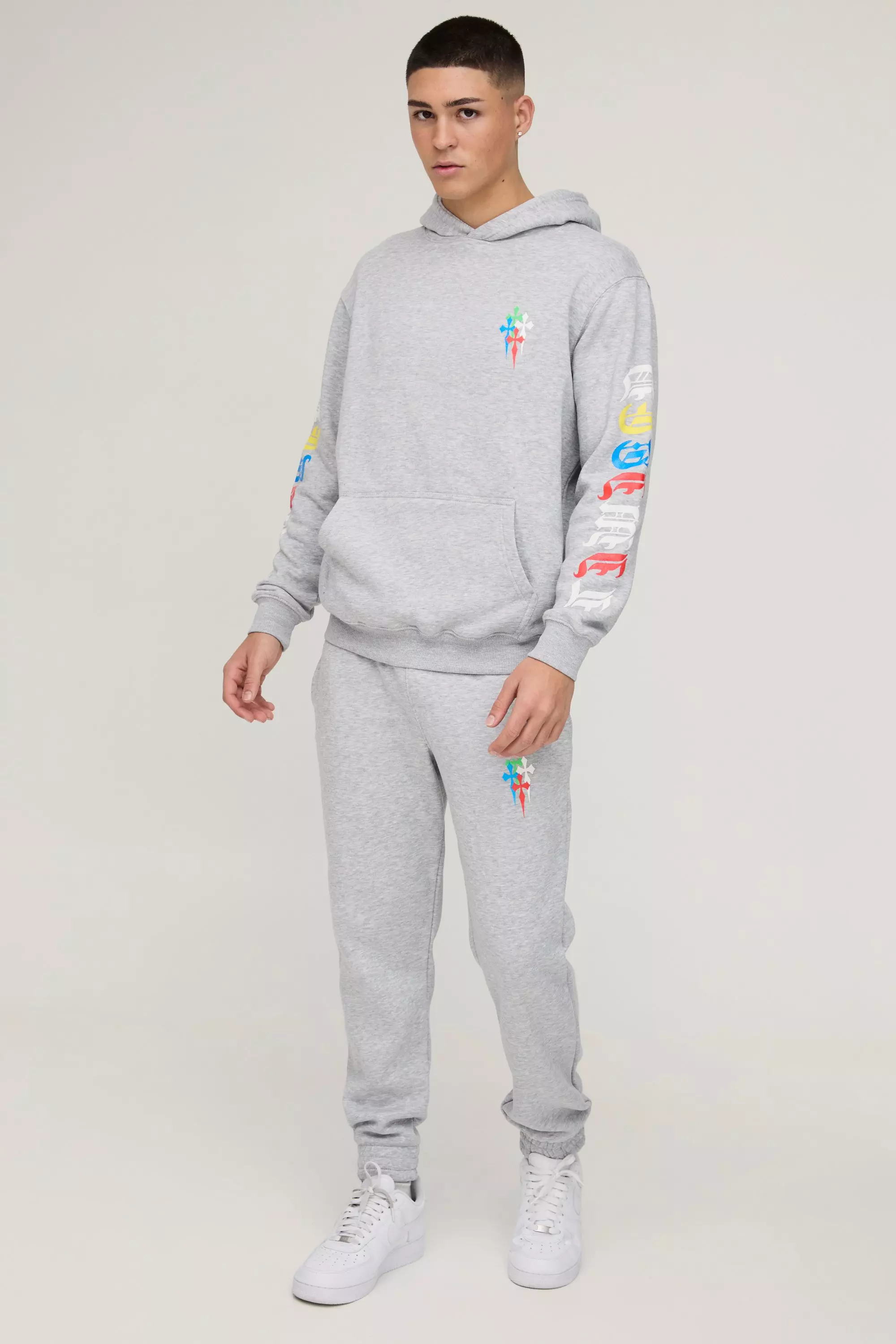 Cross Printed Hooded Tracksuit Grey