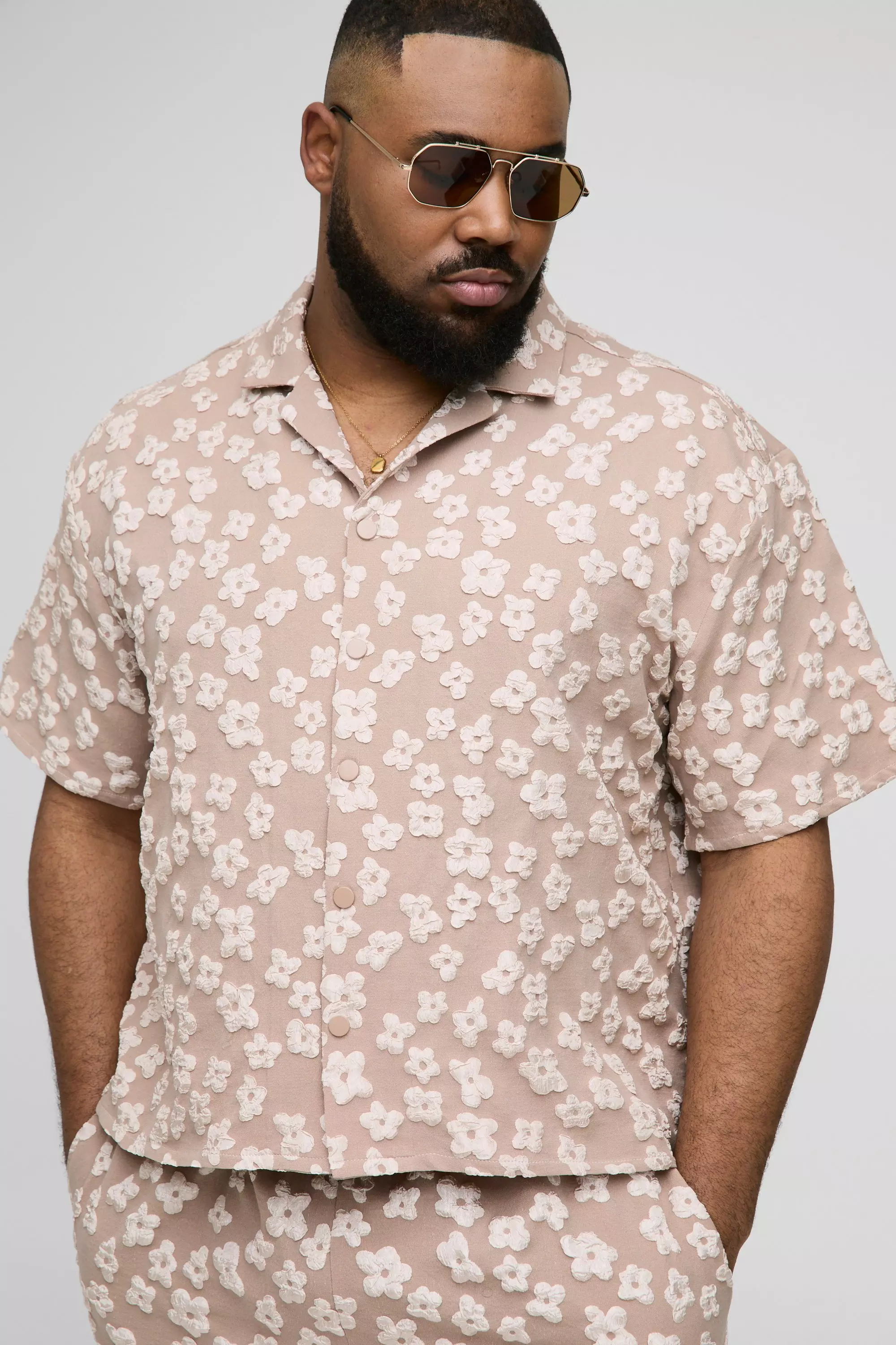 Plus Floral Jacquard Boxy Revere Shirt Stone