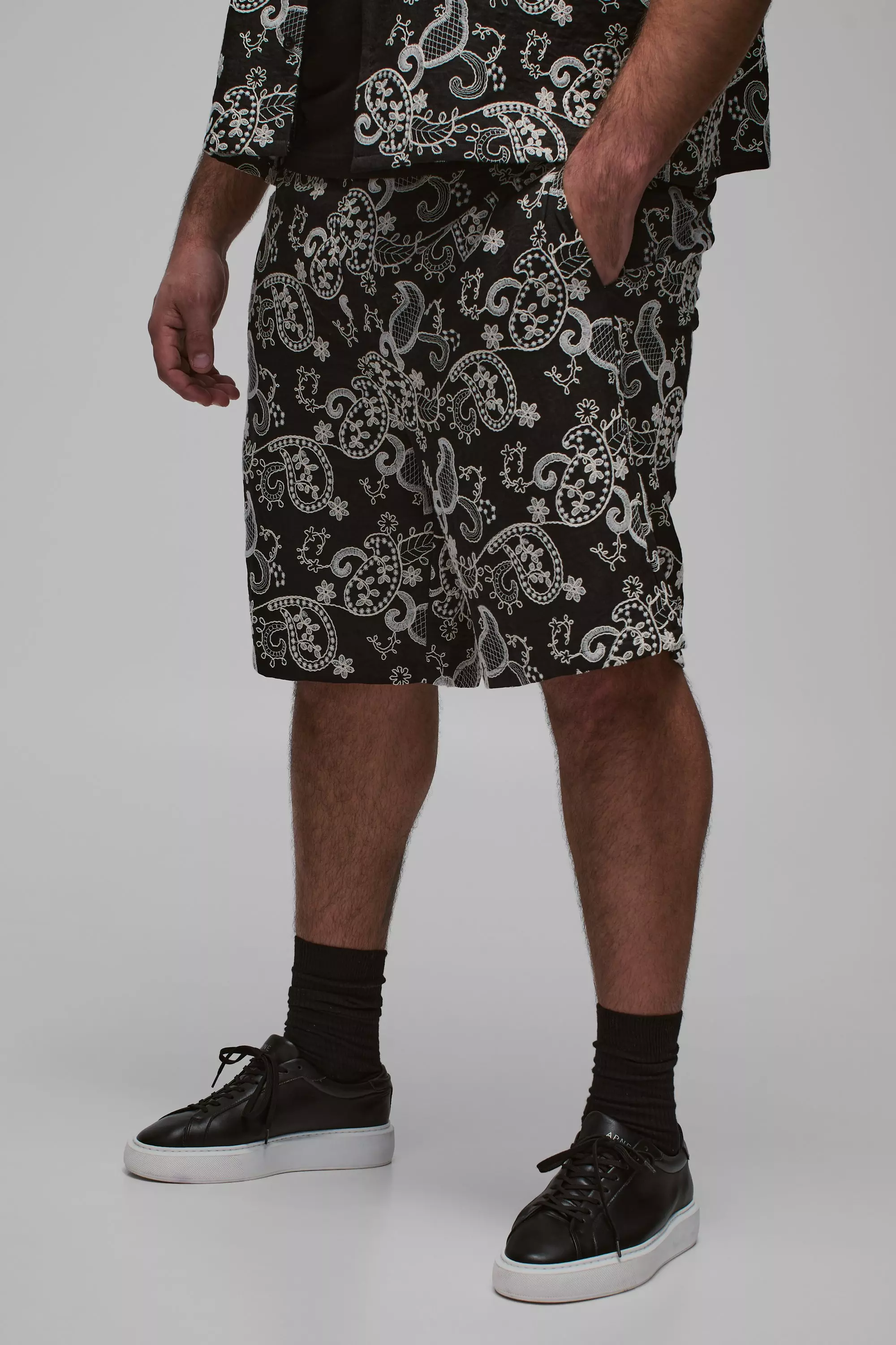 Black Plus Paisley Relaxed Fit Embroidered Shorts alternative image