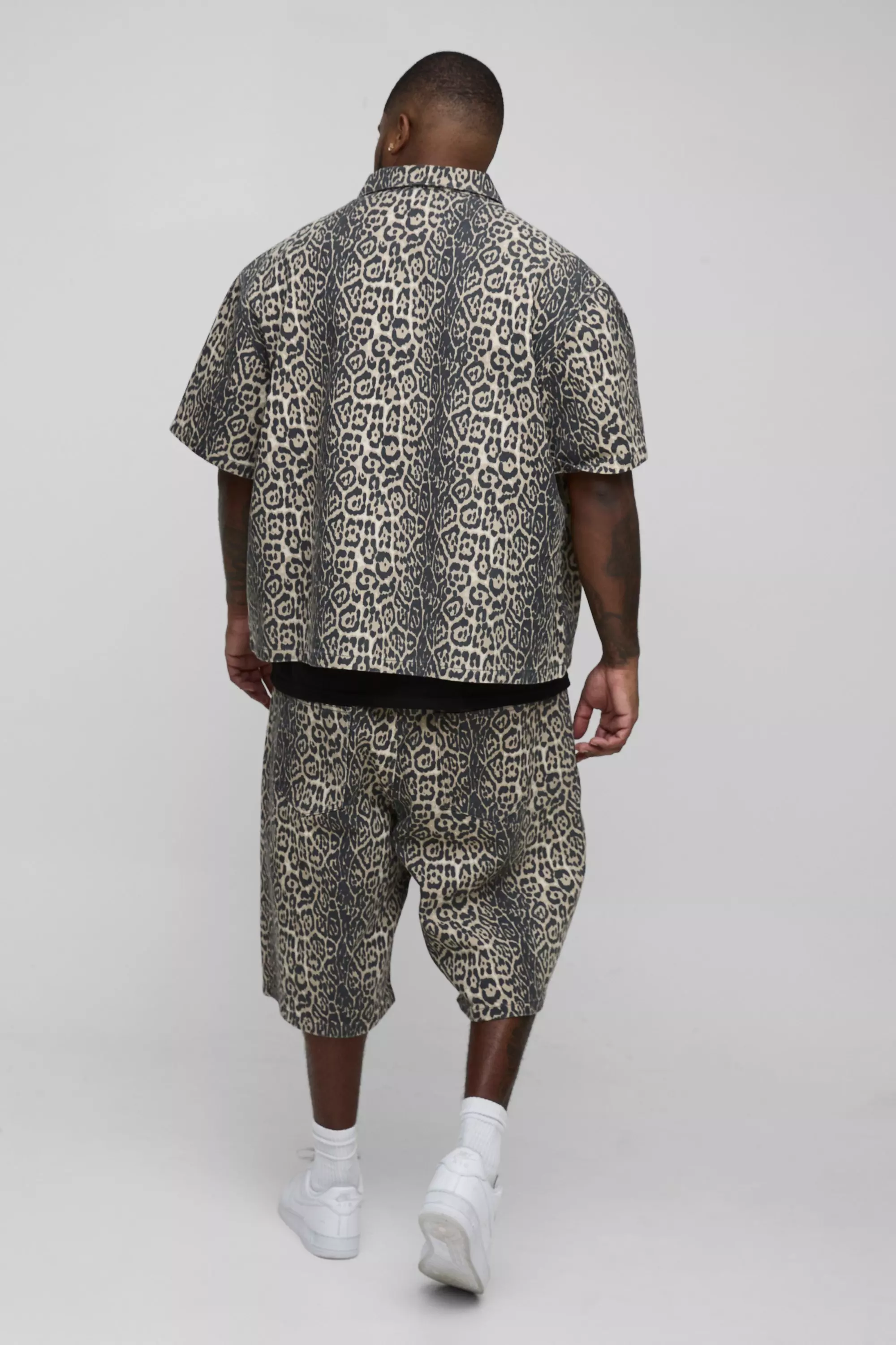 Tan Plus Wash Leopard Boxy Fit Denim Shirt alternative image