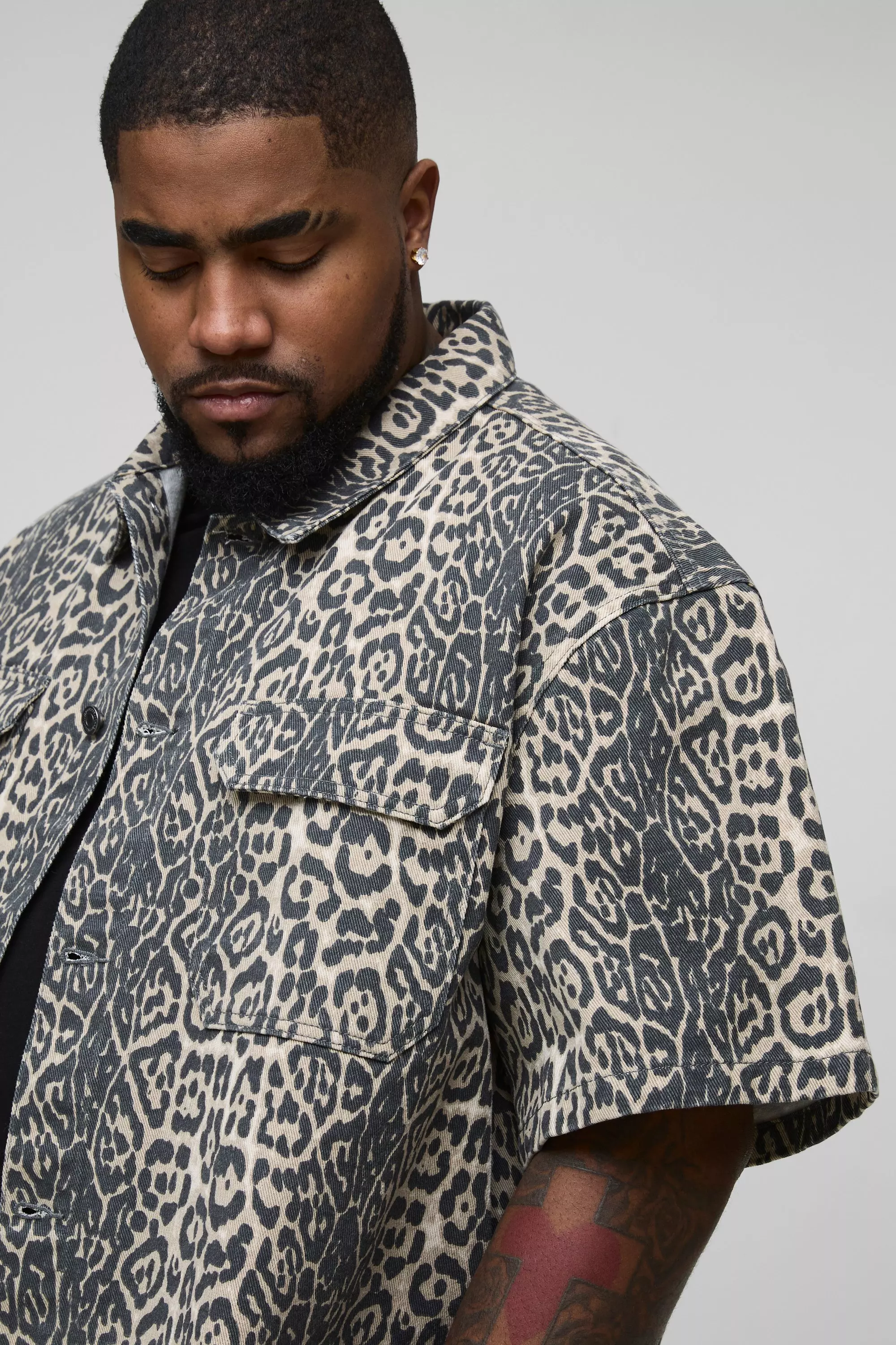 Tan Plus Wash Leopard Boxy Fit Denim Shirt alternative image