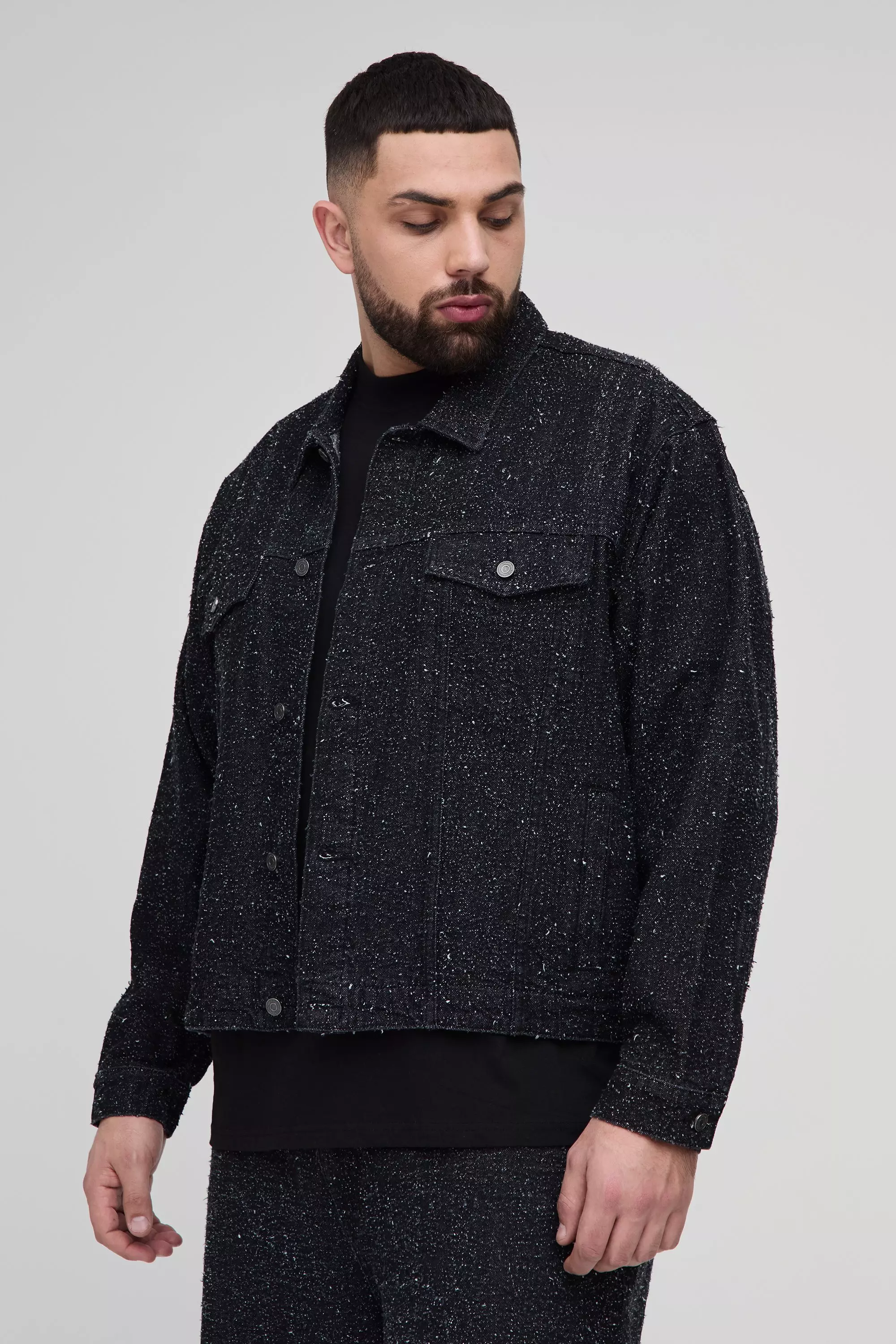 Black Plus Textured Denim Boxy Oversized Jacket alternative image