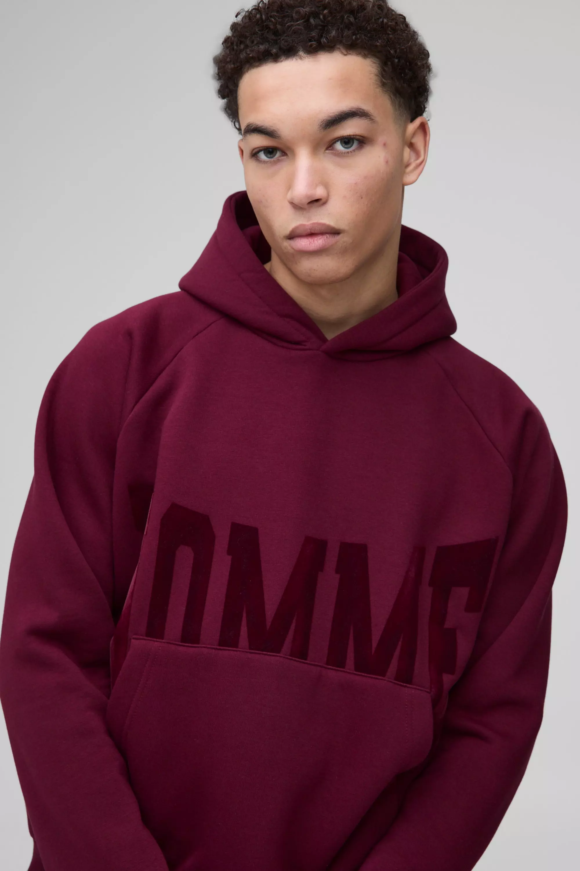 Burgundy Oversized Boxy Homme Raglan Hoodie Met Print alternatieve afbeelding