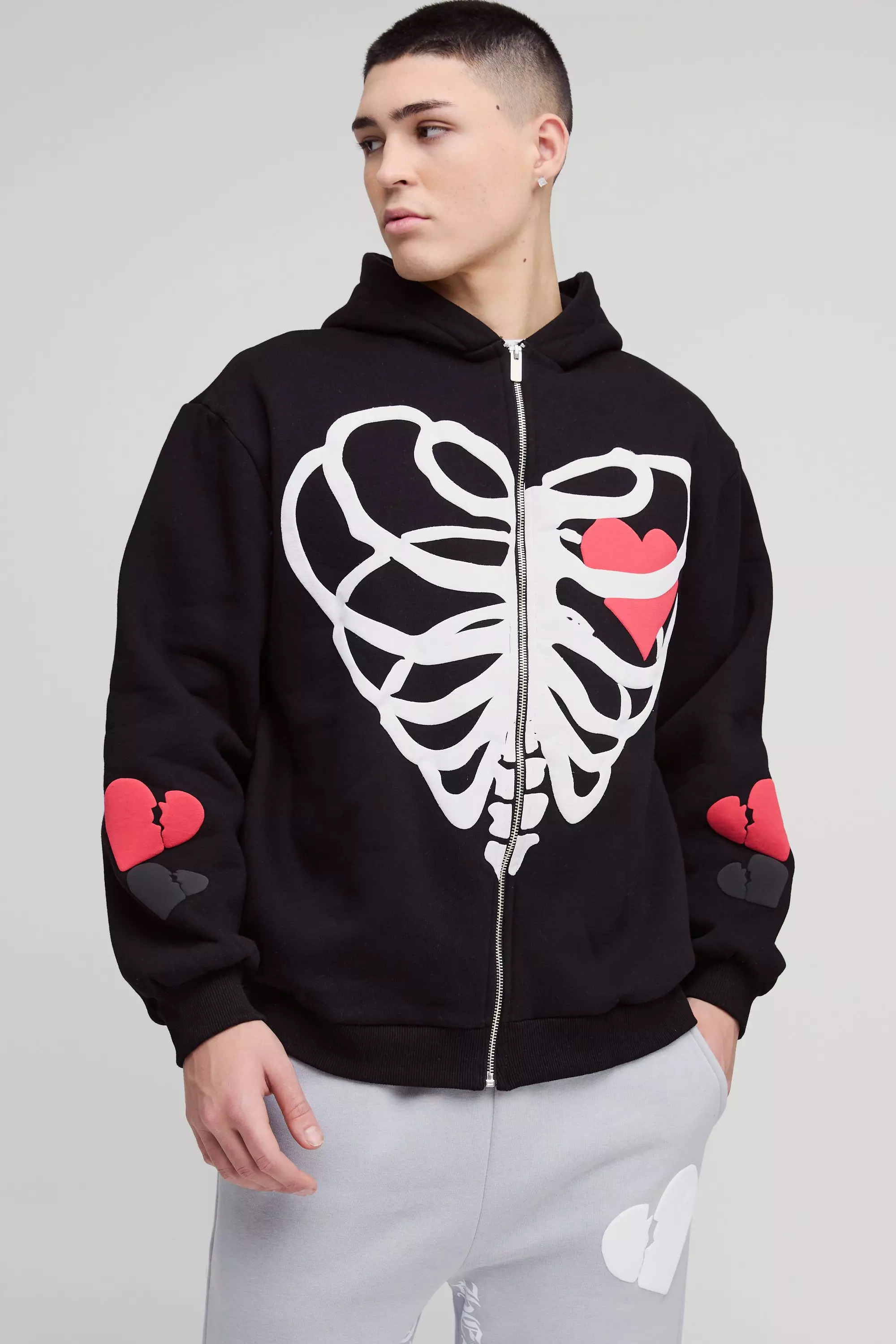 Sweat à capuche oversize zippé à imprimé cœur, Black autre image