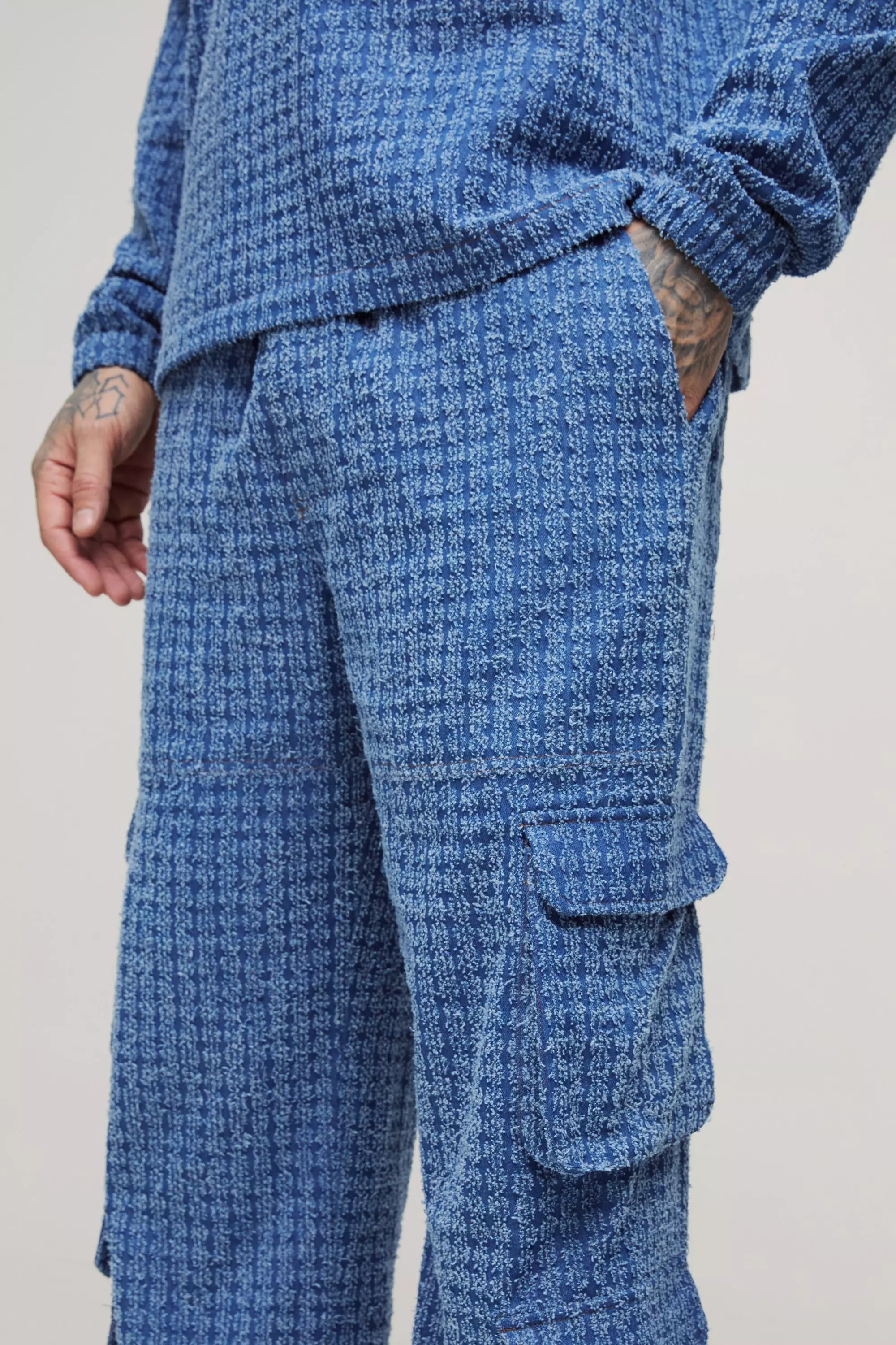 Mid blue Tall Textured Denim Relaxed Fit Cargo Jeans alternative image