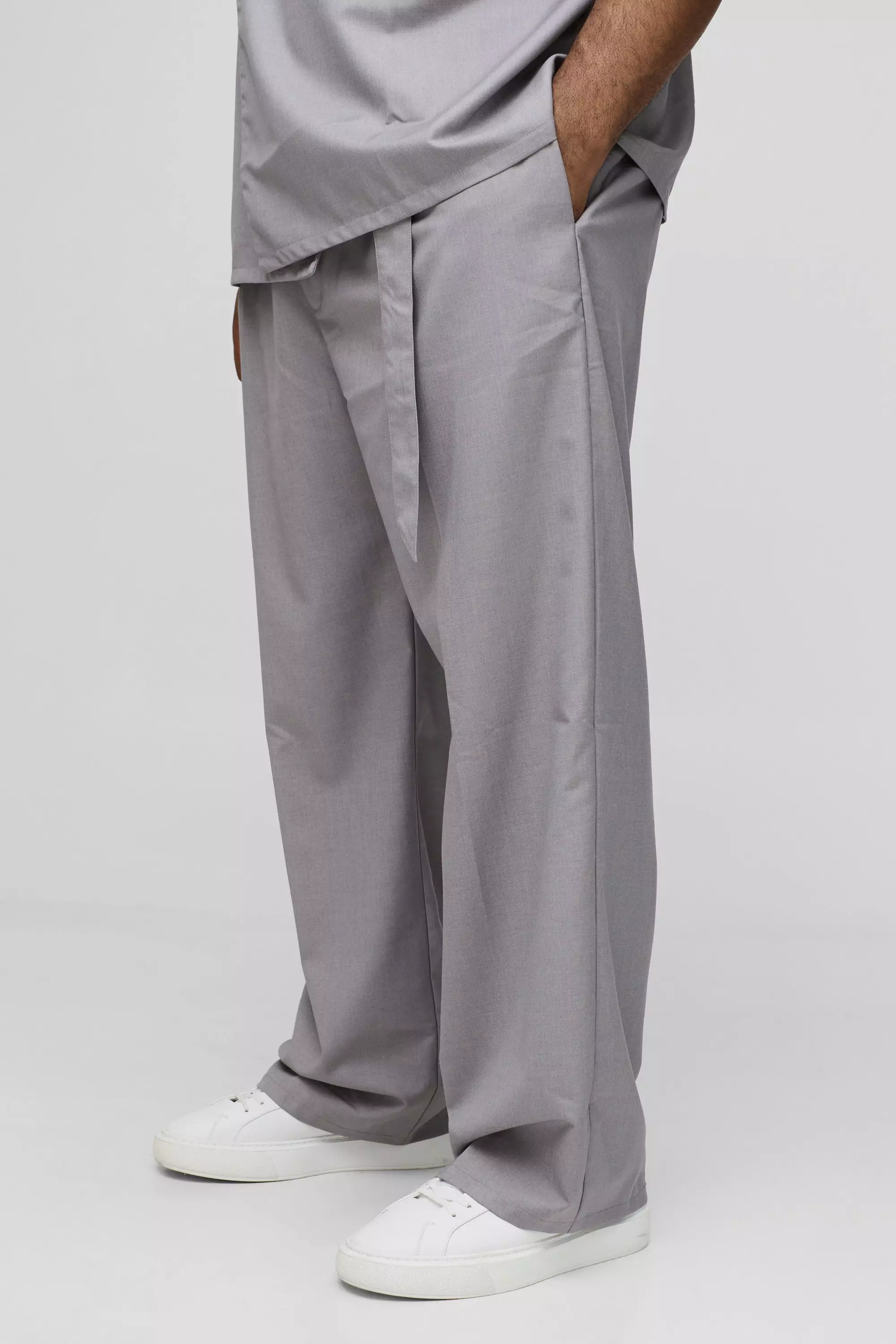 Grey Plus Relaxed Fit Tailored Belted Pleat Trousers alternative image