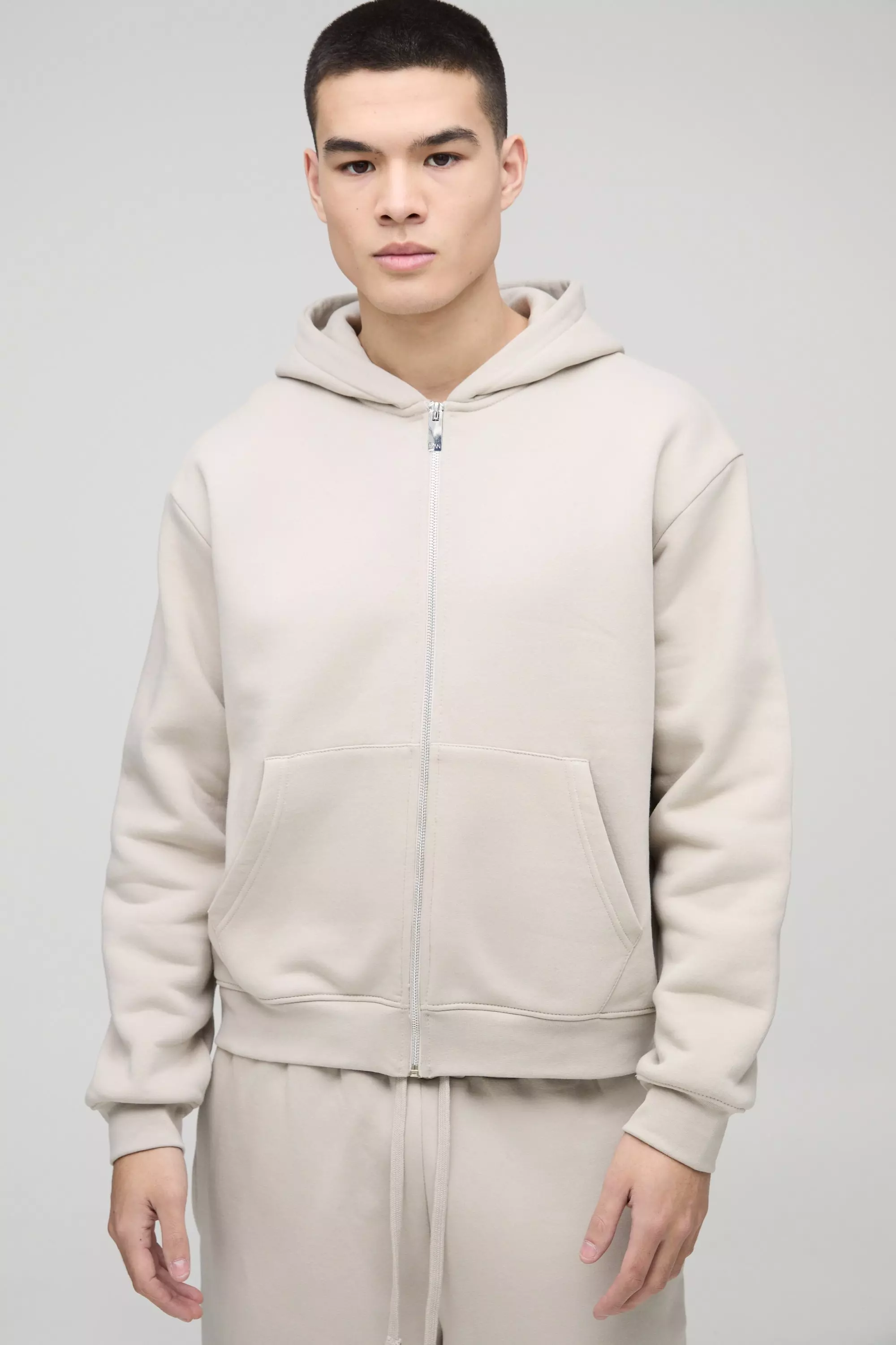 330GSM Oversized Boxy Zip Through Hoodie Stone