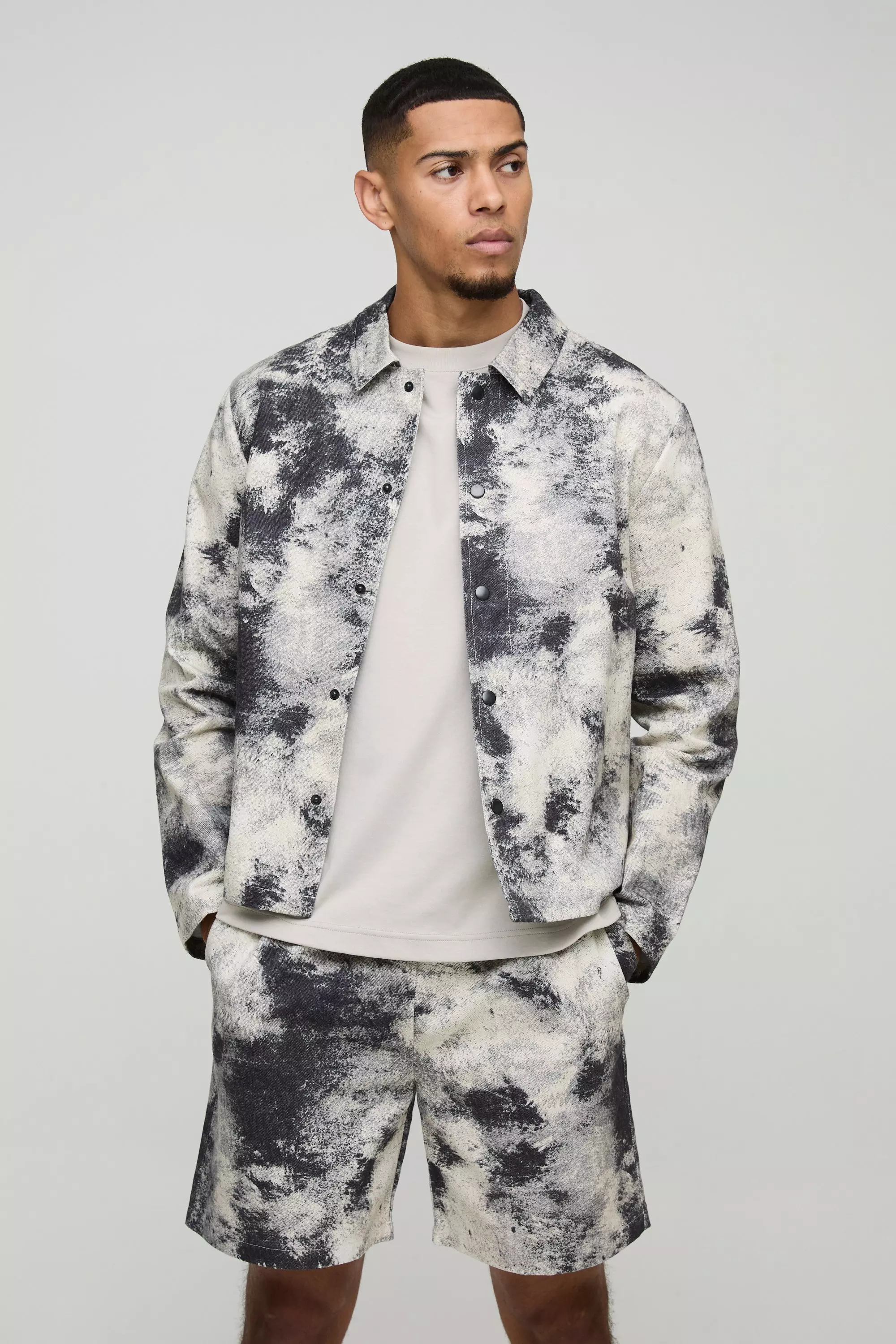 Black Oversized Abstract Printed Twill Overshirt alternative image