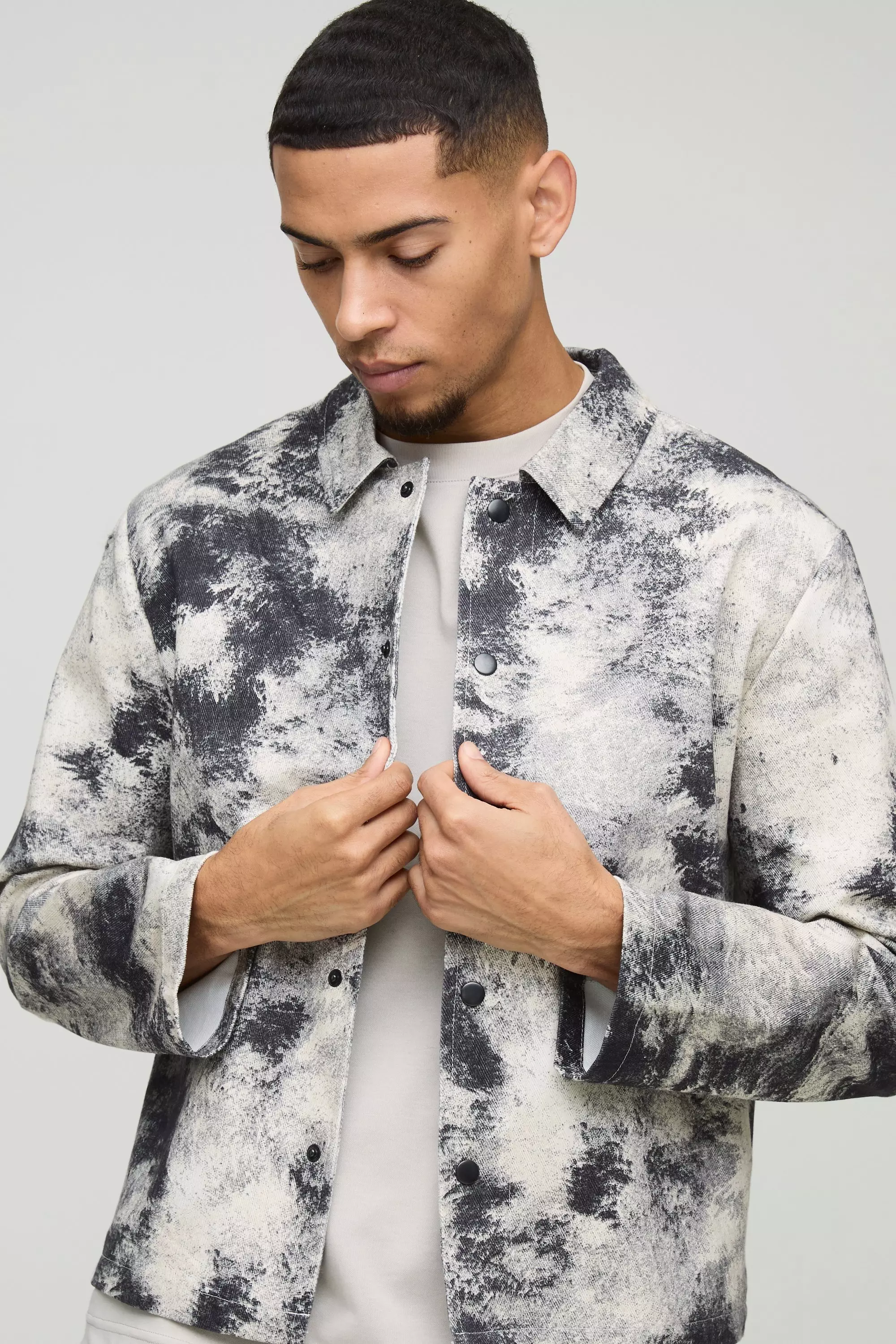 Black Oversized Abstract Printed Twill Overshirt alternative image