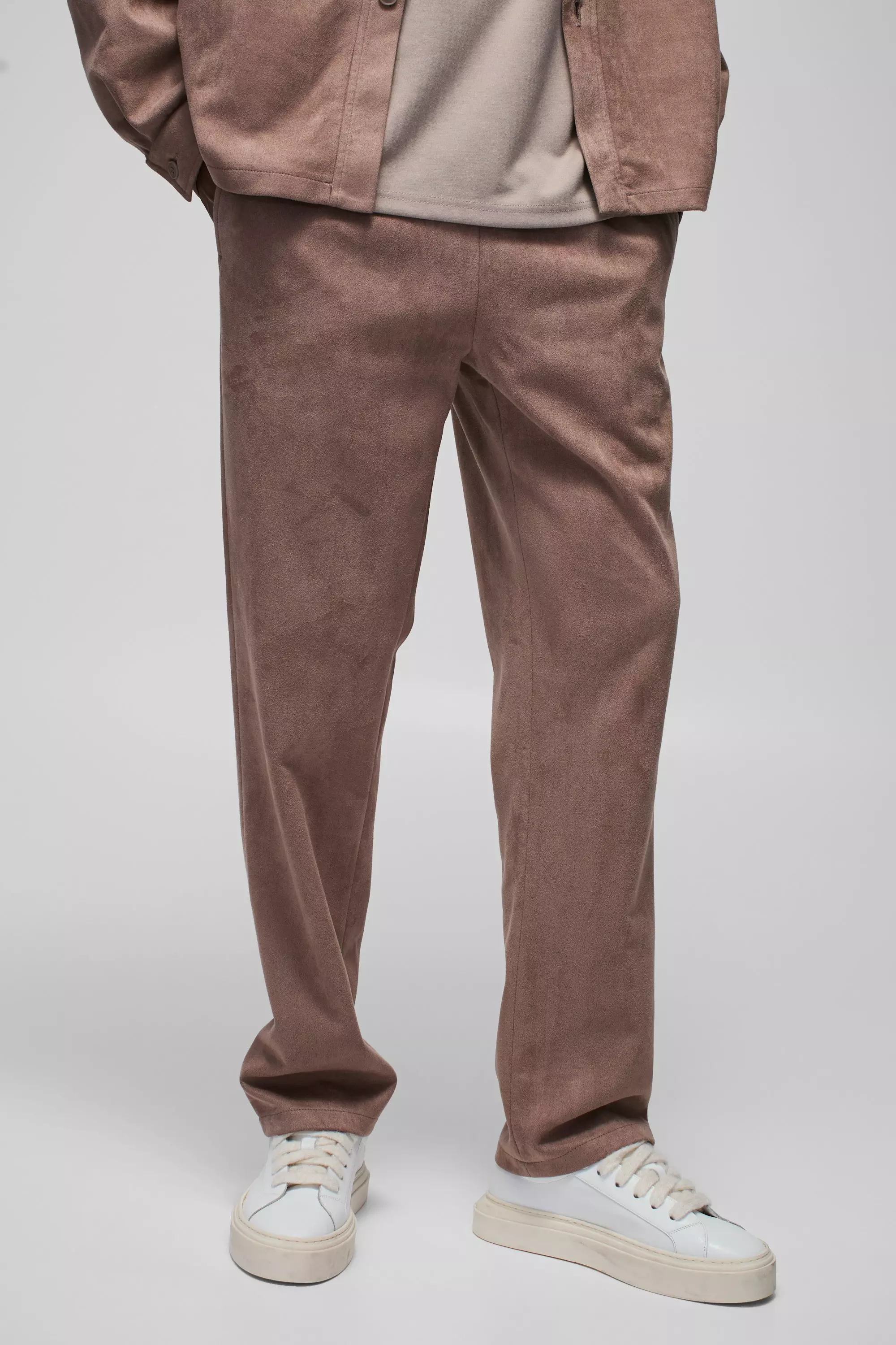 Pantaloni Dritti In Suedette Con Nervature Elasticizzate In Vita, Chocolate immagine alternativa