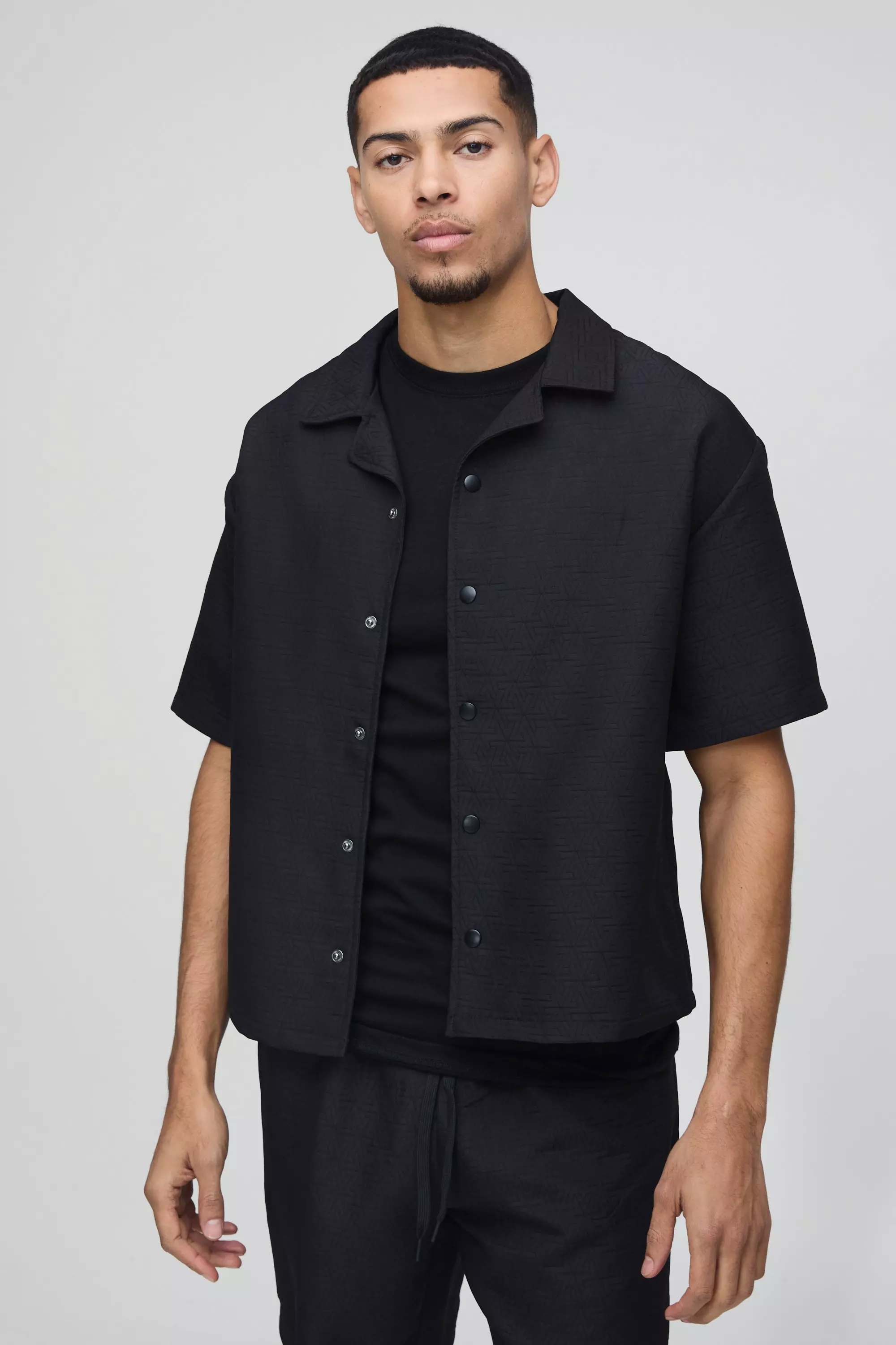 Oversized Boxy Abstract Padded Revere Shirt Black