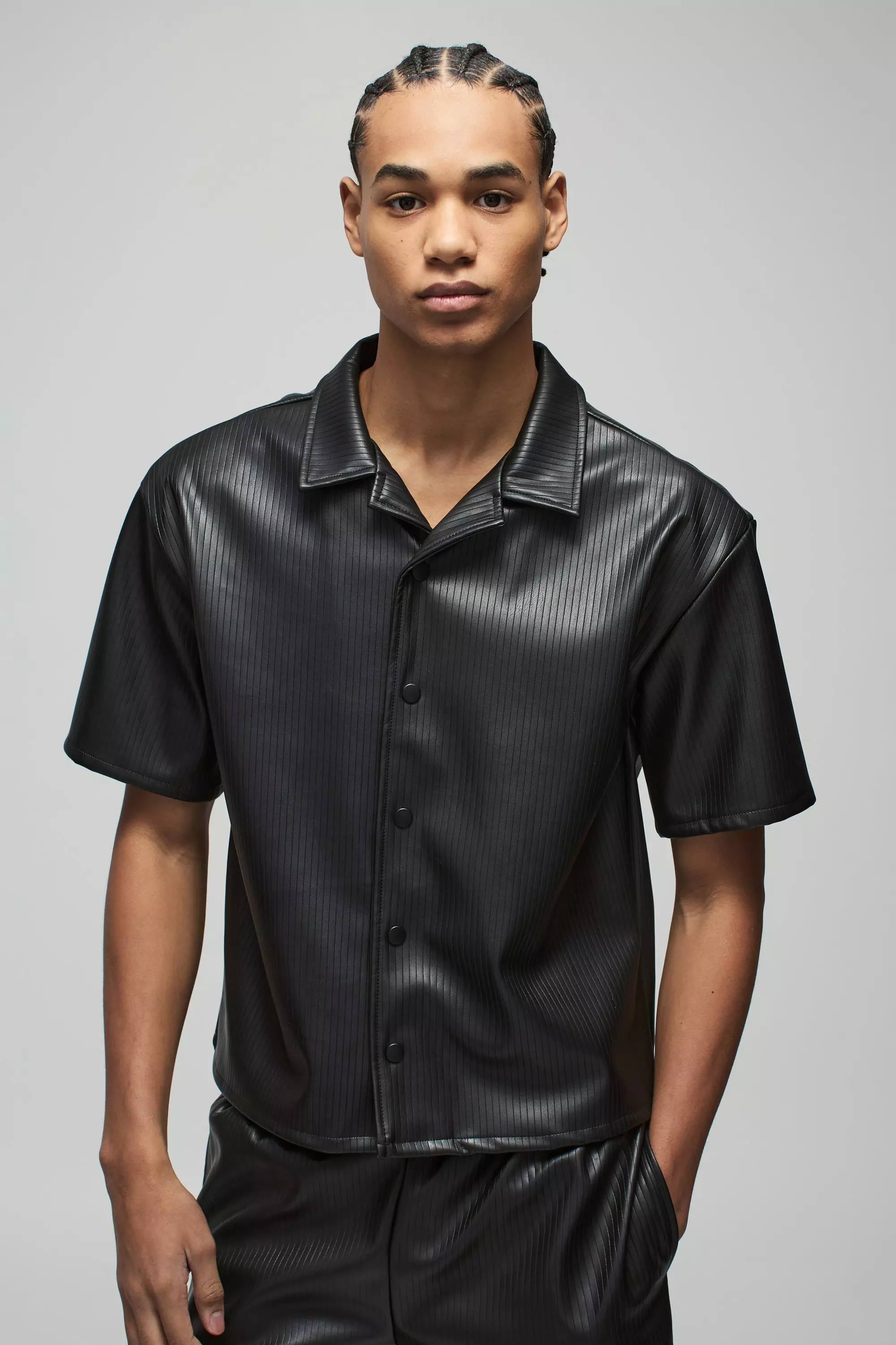 Black Relaxed Fit Embossed Pleated PU Short alternative image