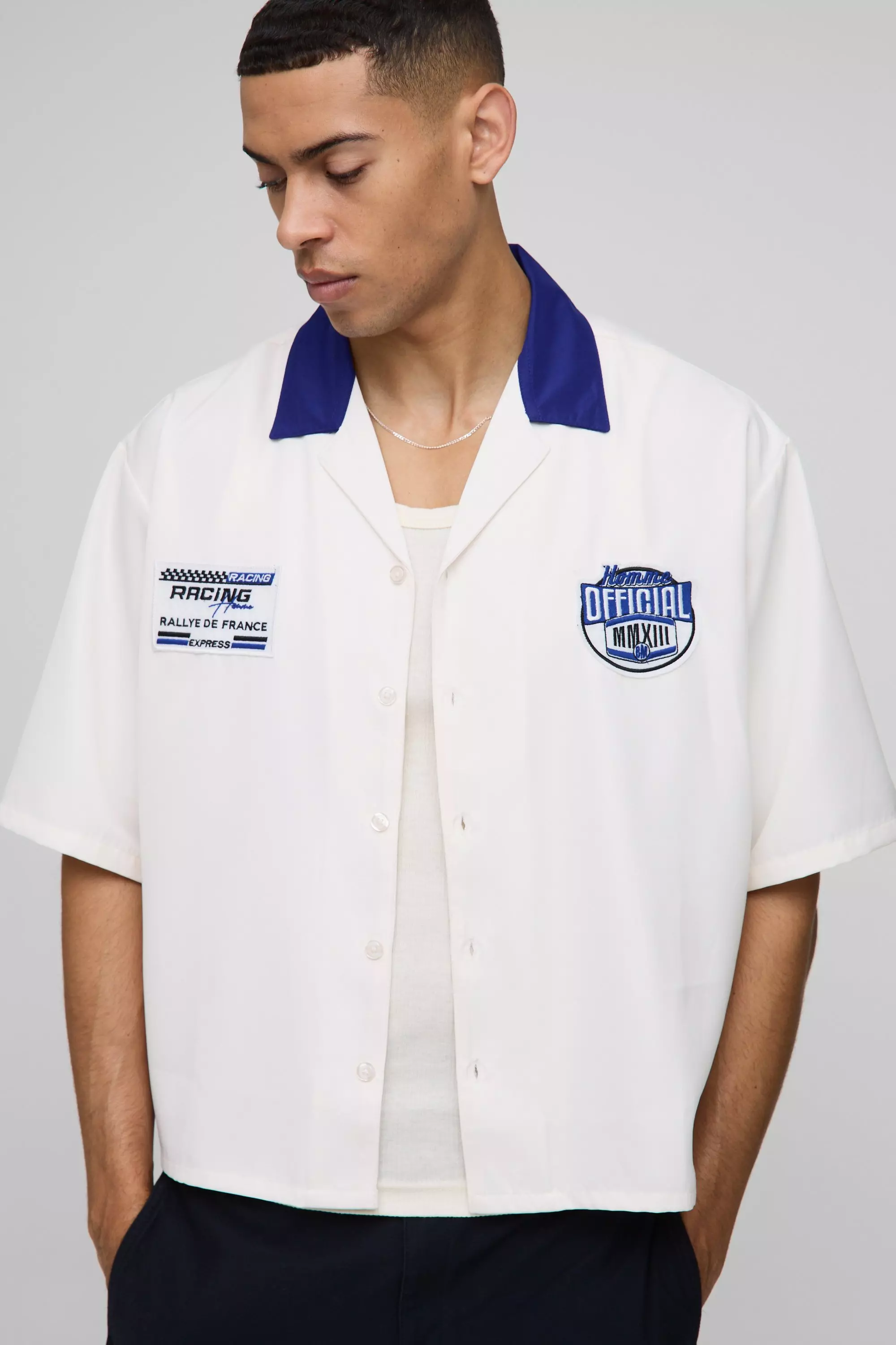 Oversized Moto Badge Revere Shirt | boohooMAN USA