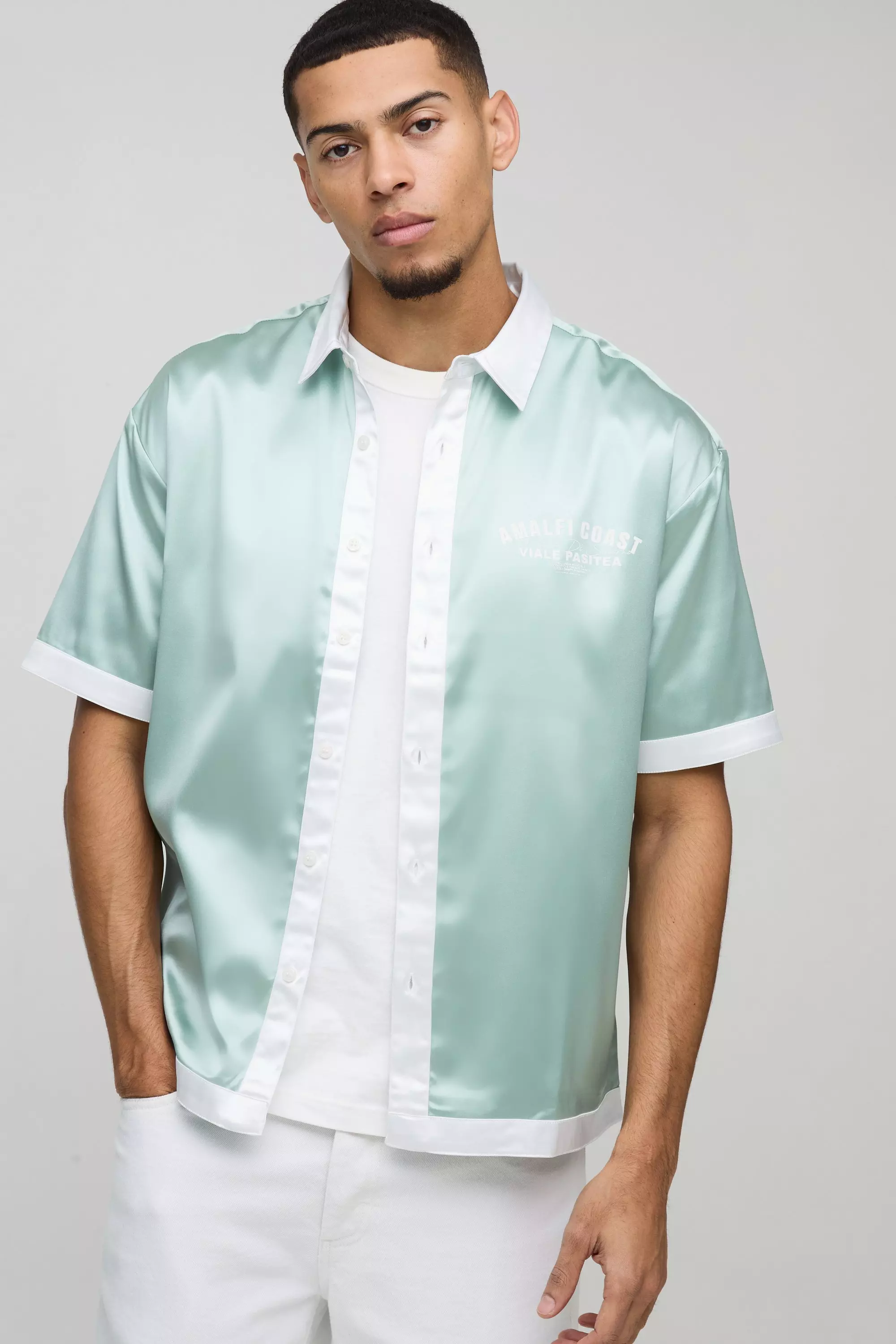 Sage Oversized Amalfi Printed Satin Collared Shirt alternative image