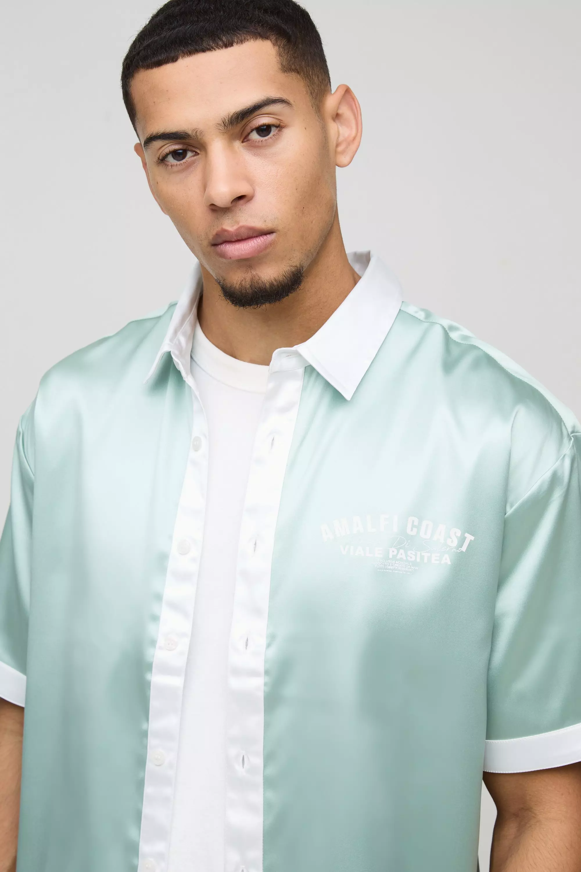 Sage Oversized Amalfi Printed Satin Collared Shirt alternative image