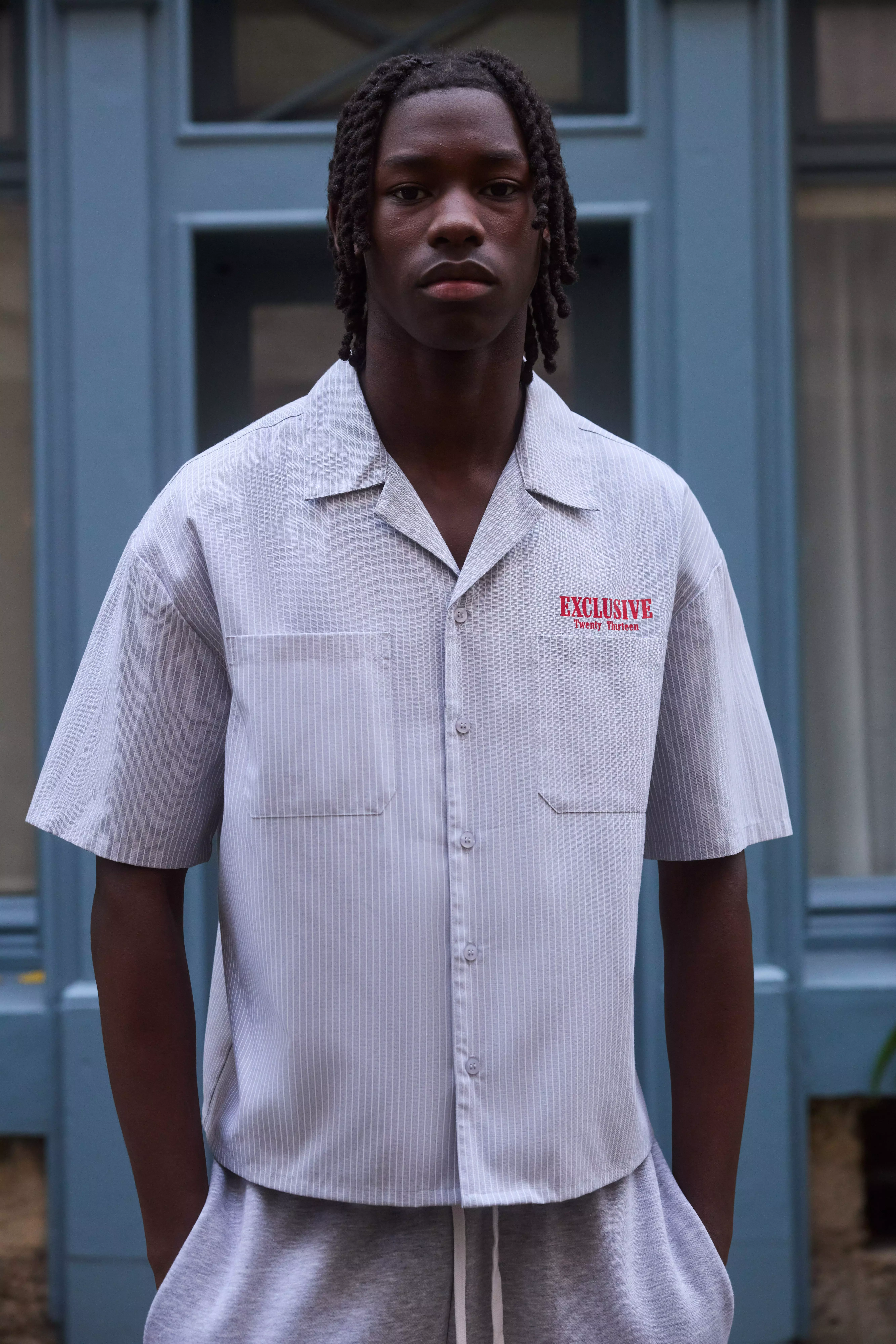 Grey Oversized Boxy HOMME Pinstripe Collared Shirt alternative image