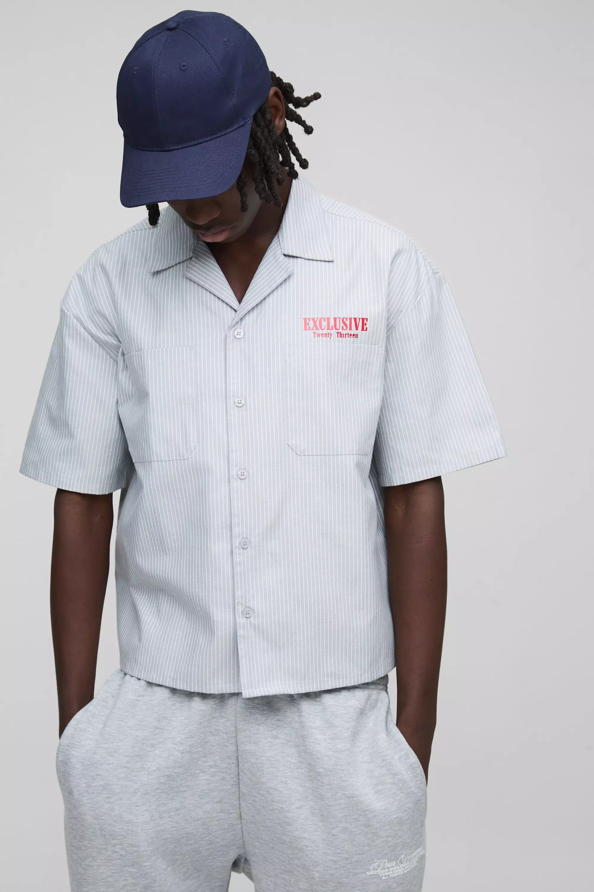 Grey Oversized Boxy HOMME Pinstripe Collared Shirt alternative image