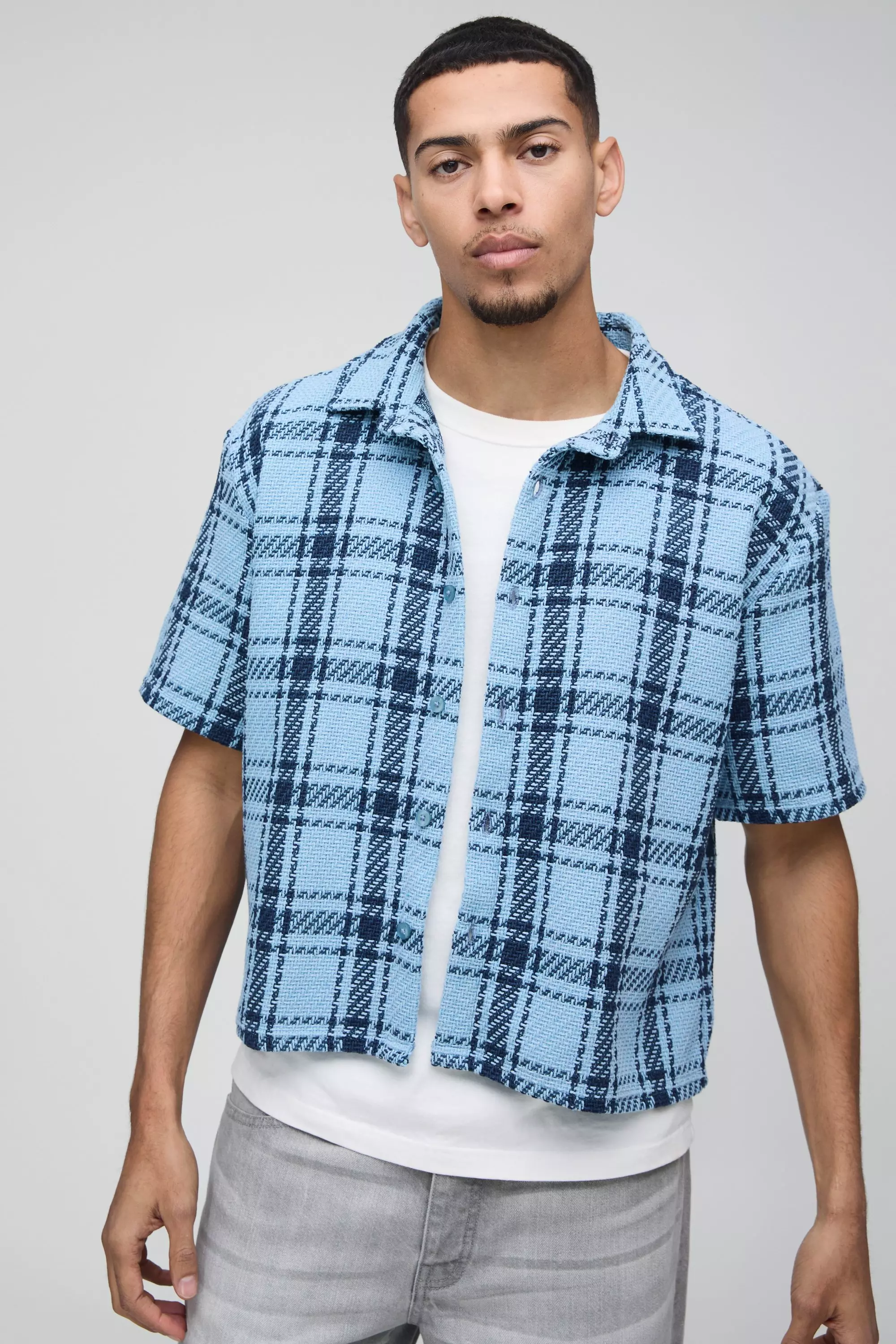 Blue Oversized Boxy Check Collared Shirt alternative image