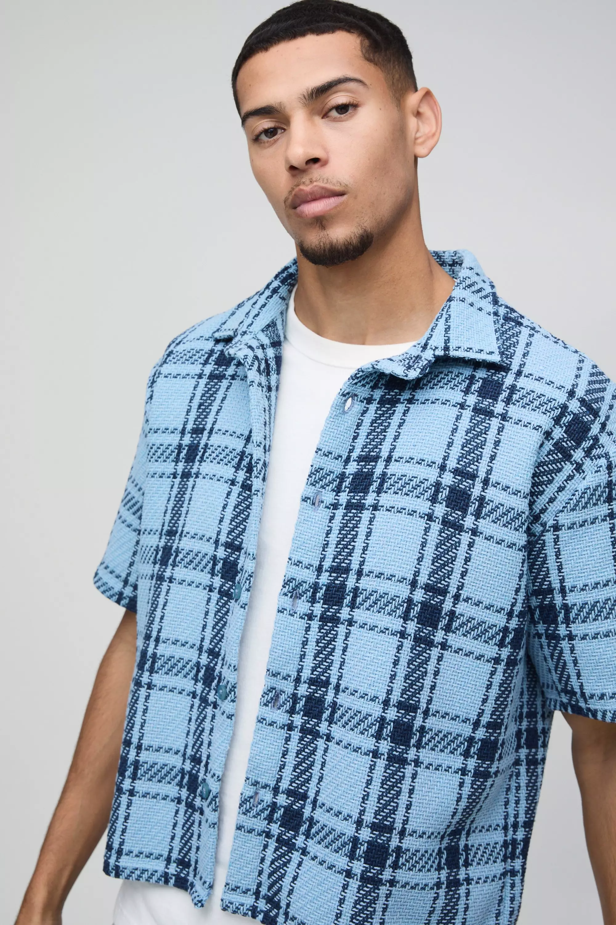 Blue Oversized Boxy Check Collared Shirt alternative image