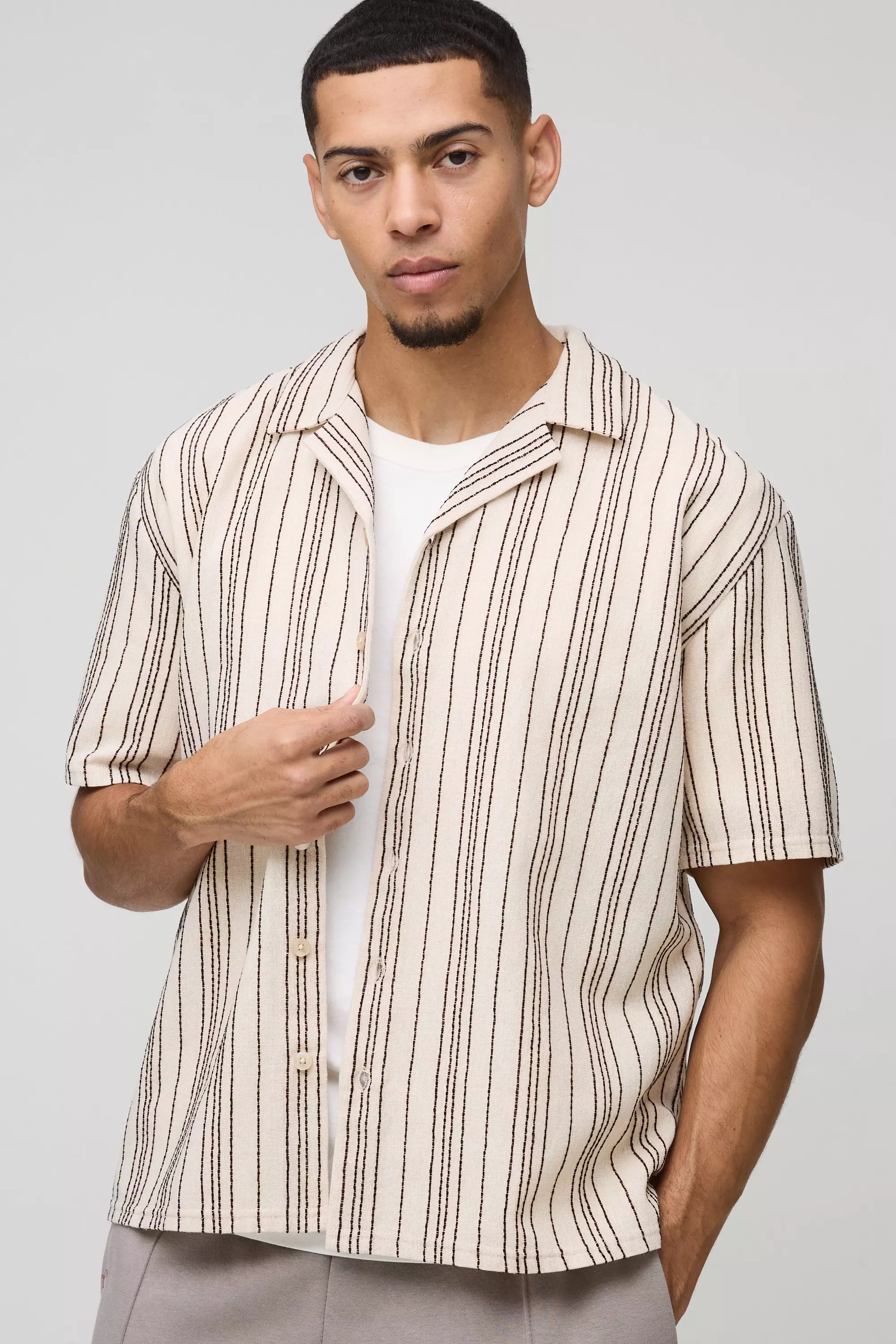 Oversized Linen Look Brown Embroidery Striped Revere Shirt | boohooMAN USA