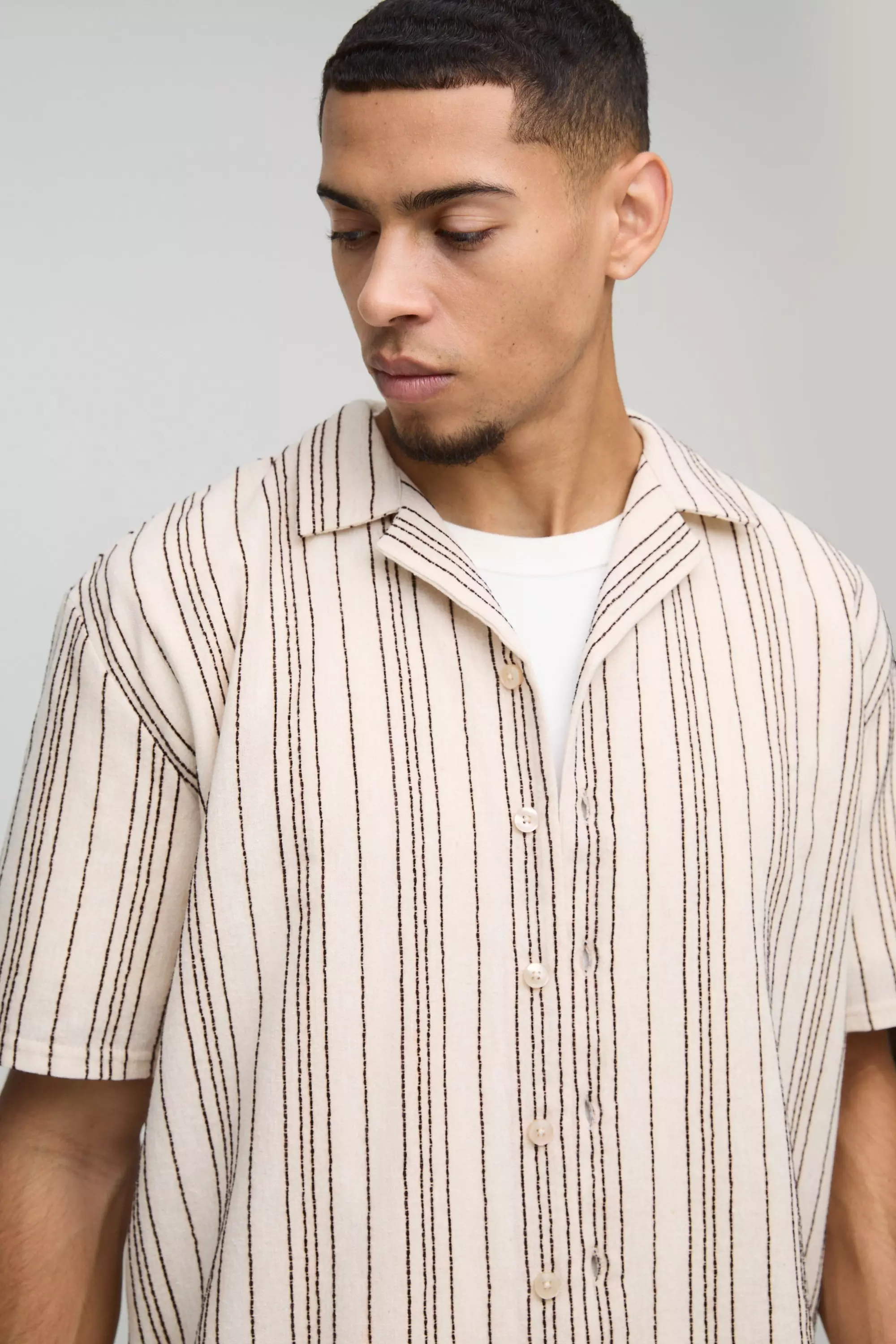 Oversized Linen Look Brown Embroidery Striped Revere Shirt | boohooMAN USA