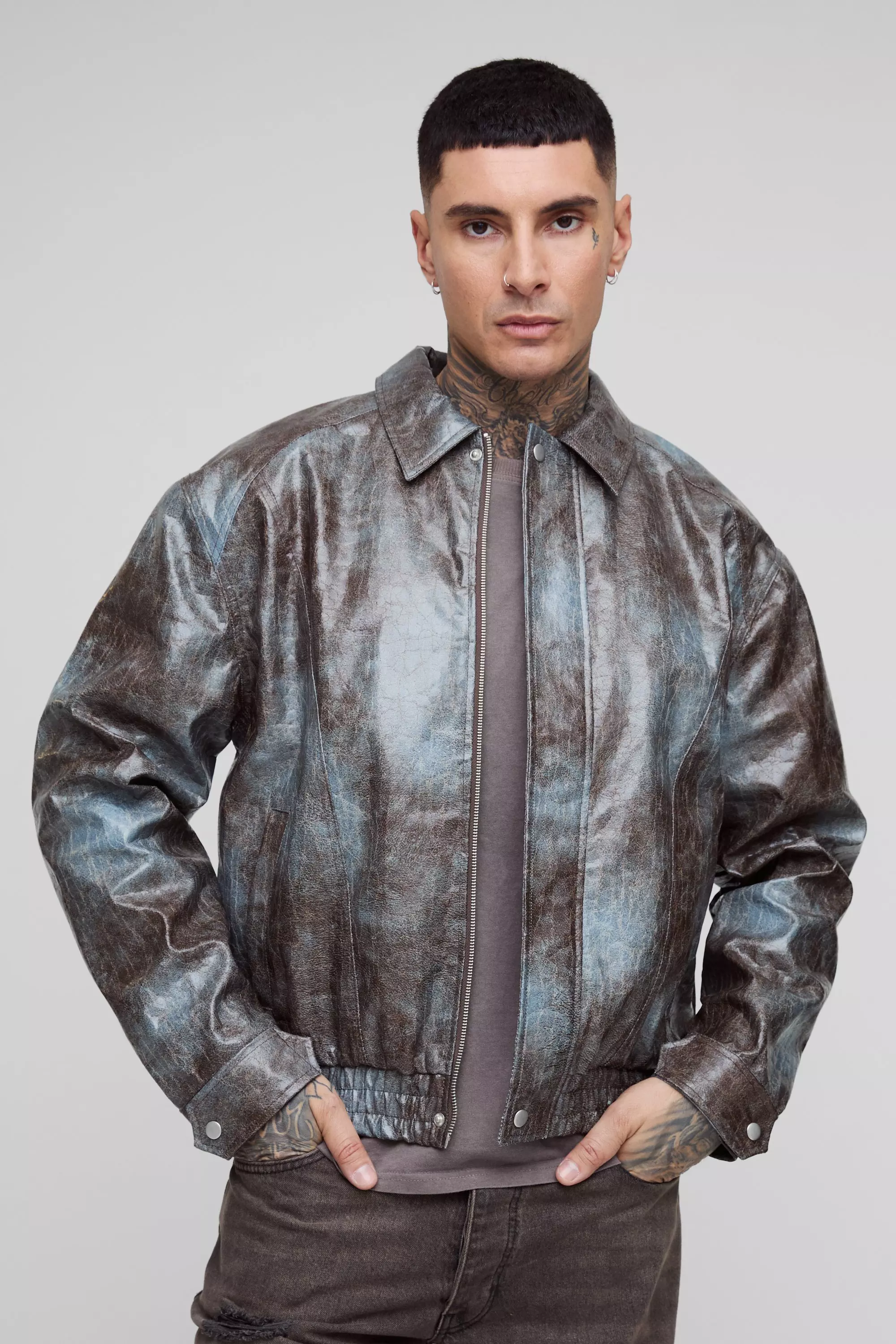 Chocolate Tall Tie Dye Snake PU Boxy Bomber Jacket alternative image