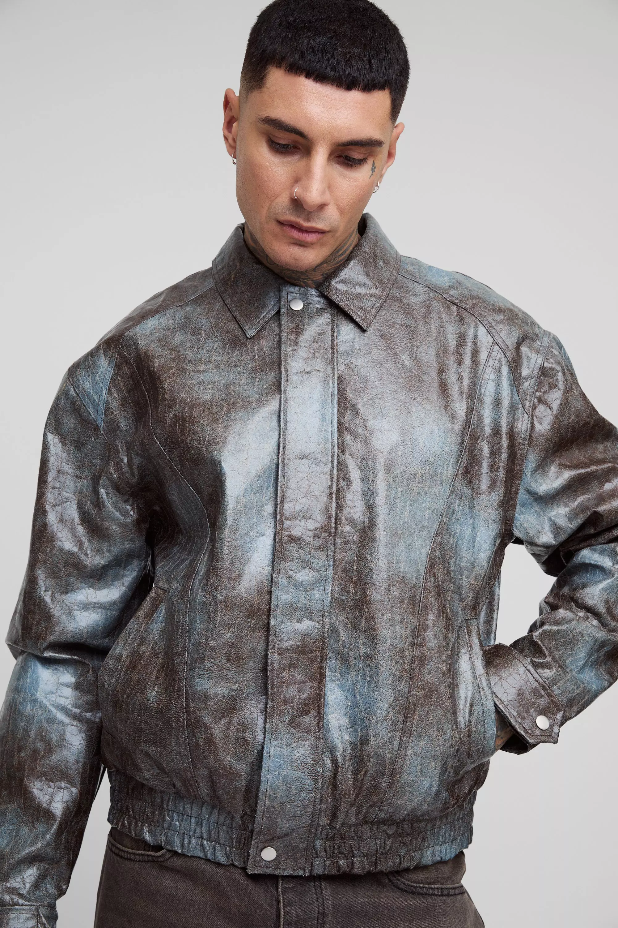 Chocolate Tall Tie Dye Snake PU Boxy Bomber Jacket alternative image