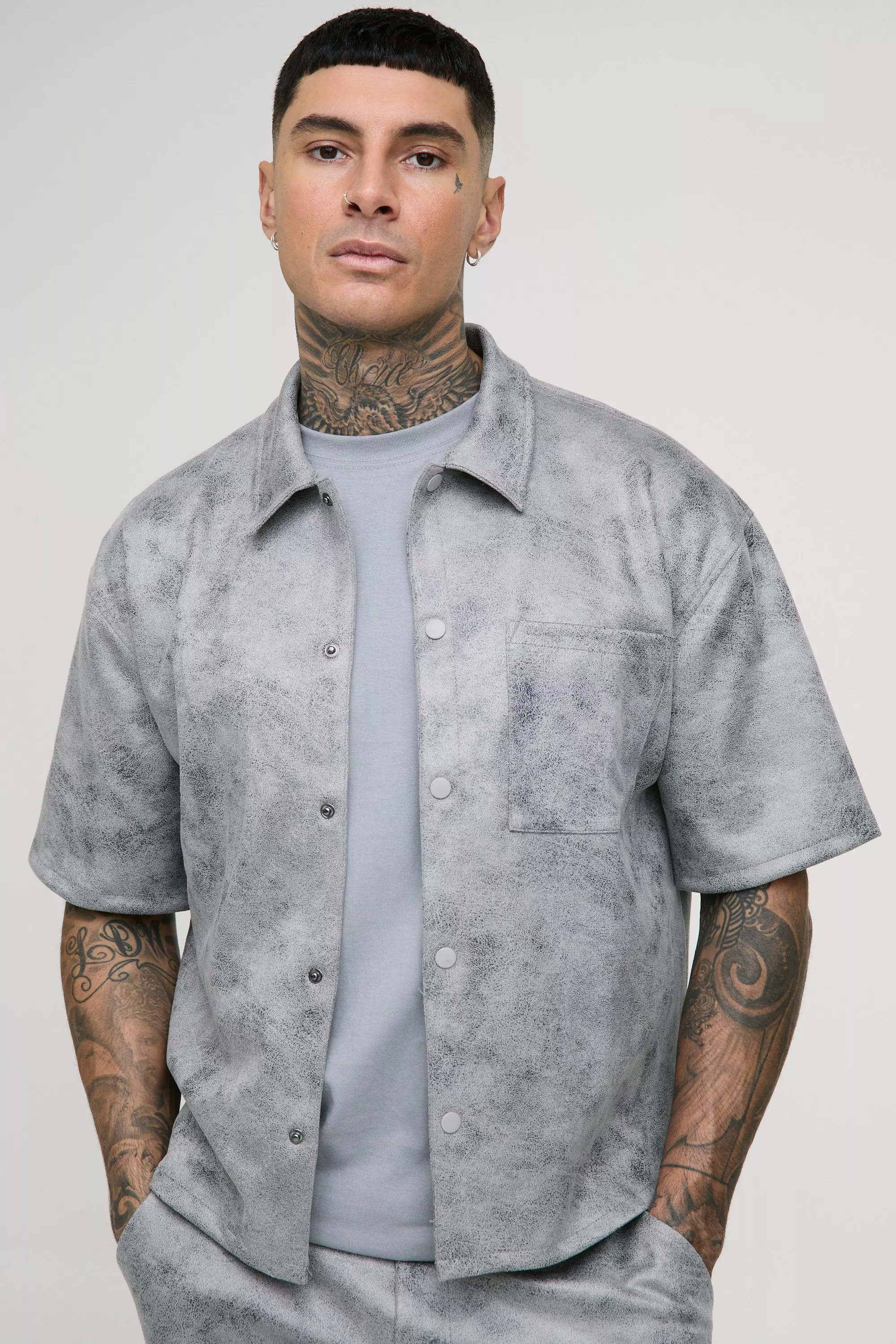 Grey Tall Antique Faux Suede Boxy Oversized Shirt alternative image