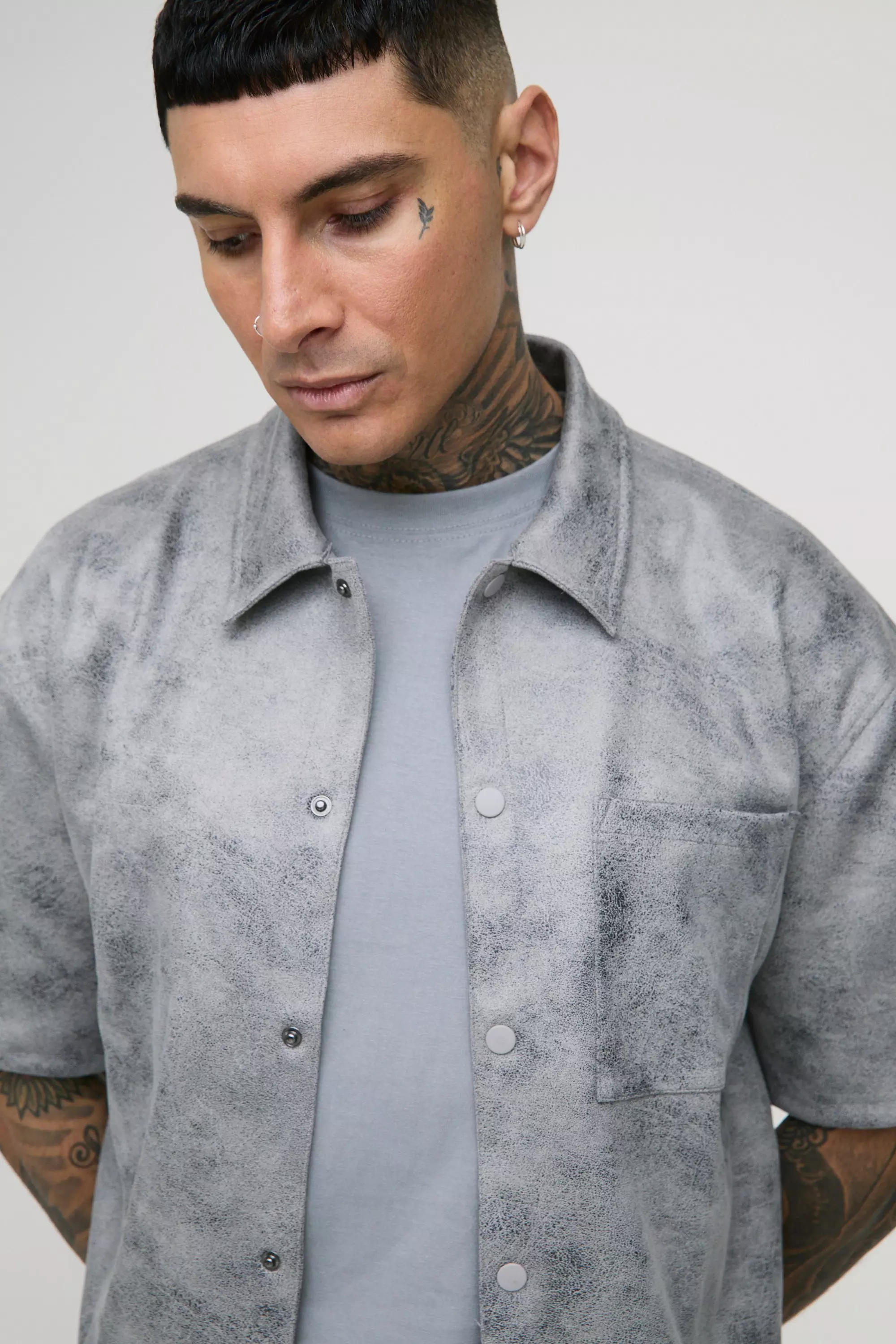 Grey Tall Antique Faux Suede Boxy Oversized Shirt alternative image